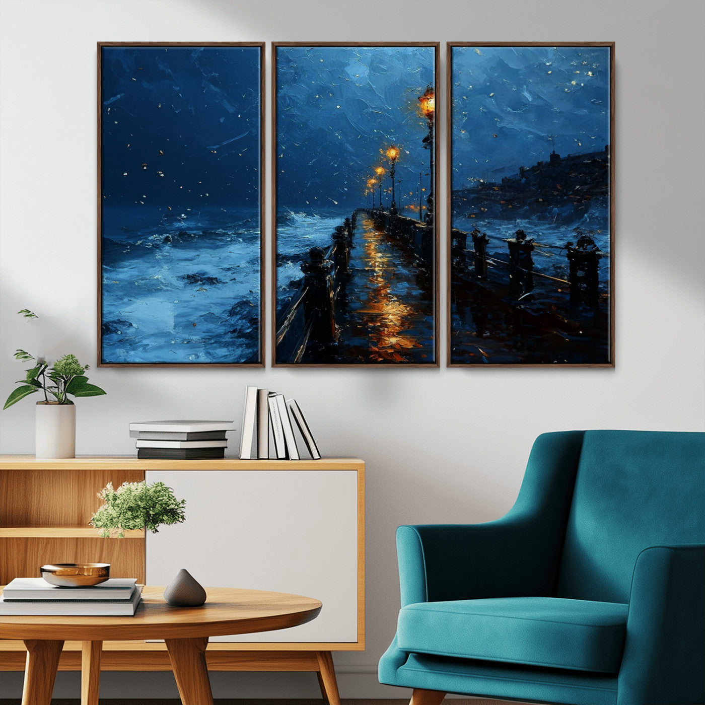 48300530-MGV-CV-36X24-Night Pier Wall Art – Moody Ocean Boardwalk Canvas Print, Impressionist Coastal Seascape Painting Decor for Living Room, Office,