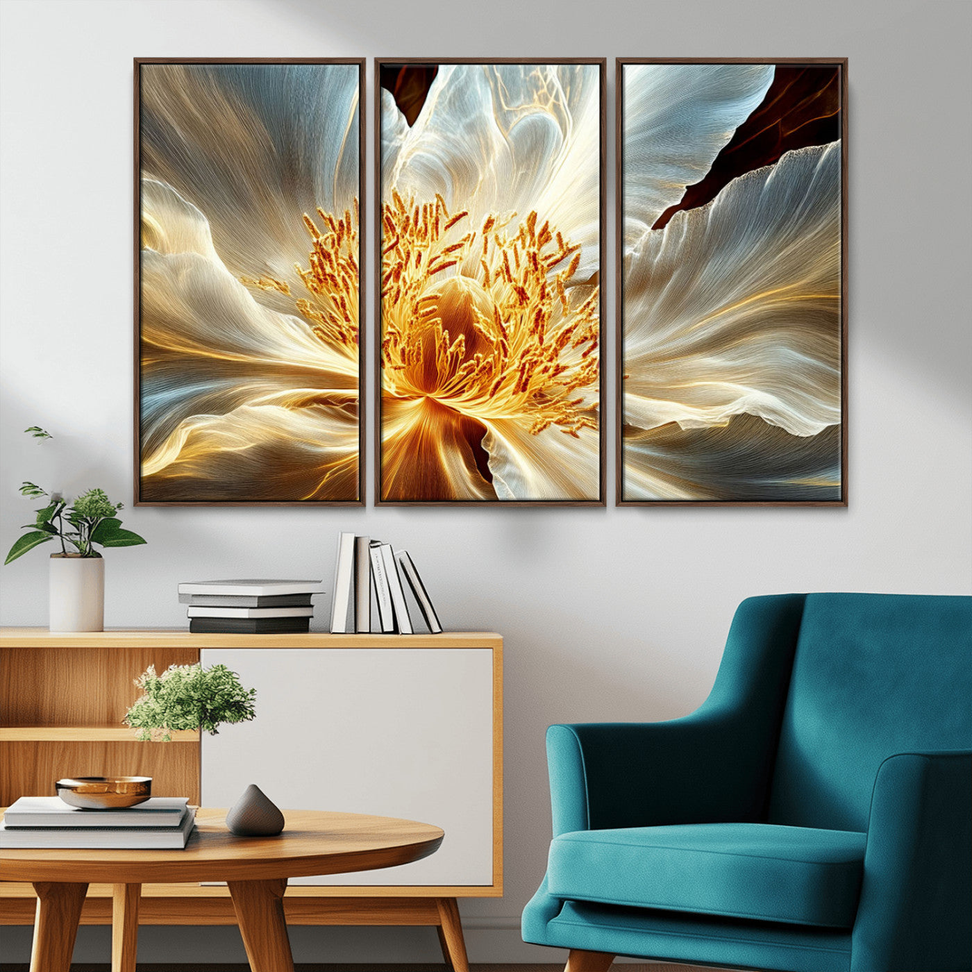20862576-MGV-CV-36X24-Golden Abstract Flower Canvas Wall Art – Modern Botanical Bloom Print, Elegant Floral Artwork for Living Room, Bedroom, Office