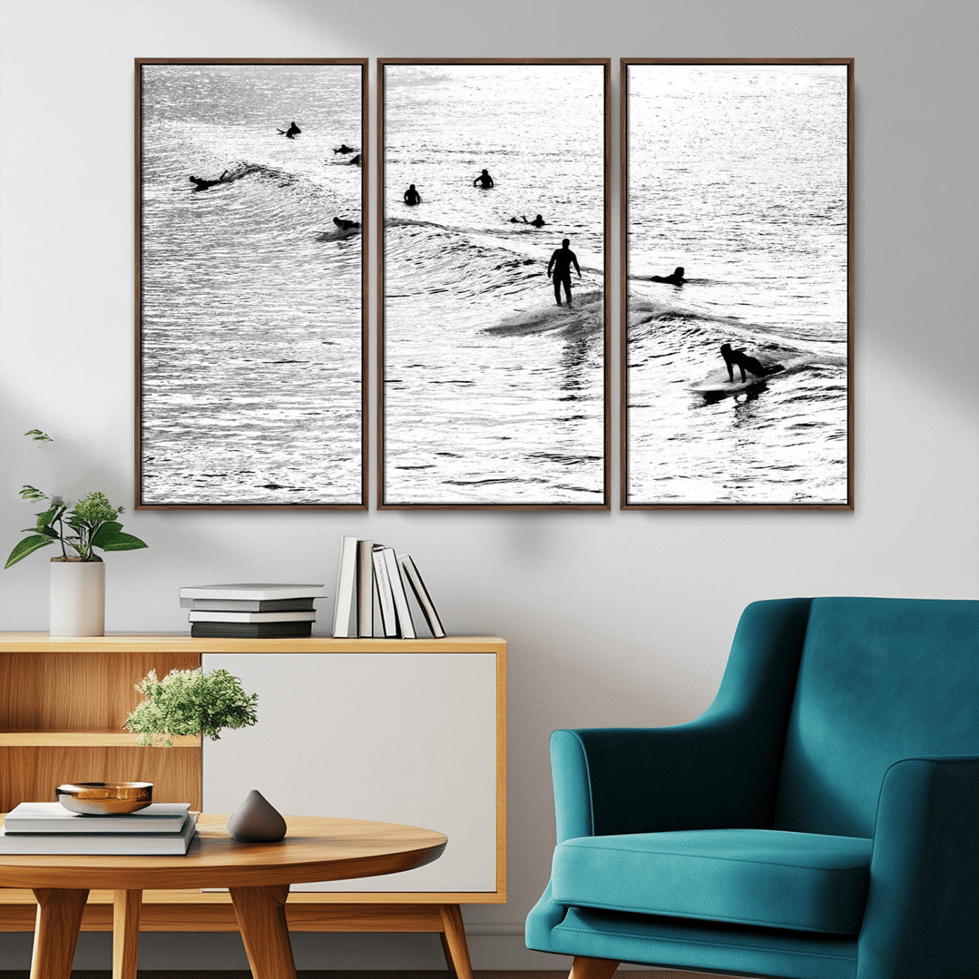 68018616-MGV-CV-36X24-Black and White Surf Photography Print – Minimalist Ocean Wall Art, Surfers Riding Waves, Coastal Beach Decor for Modern Home or