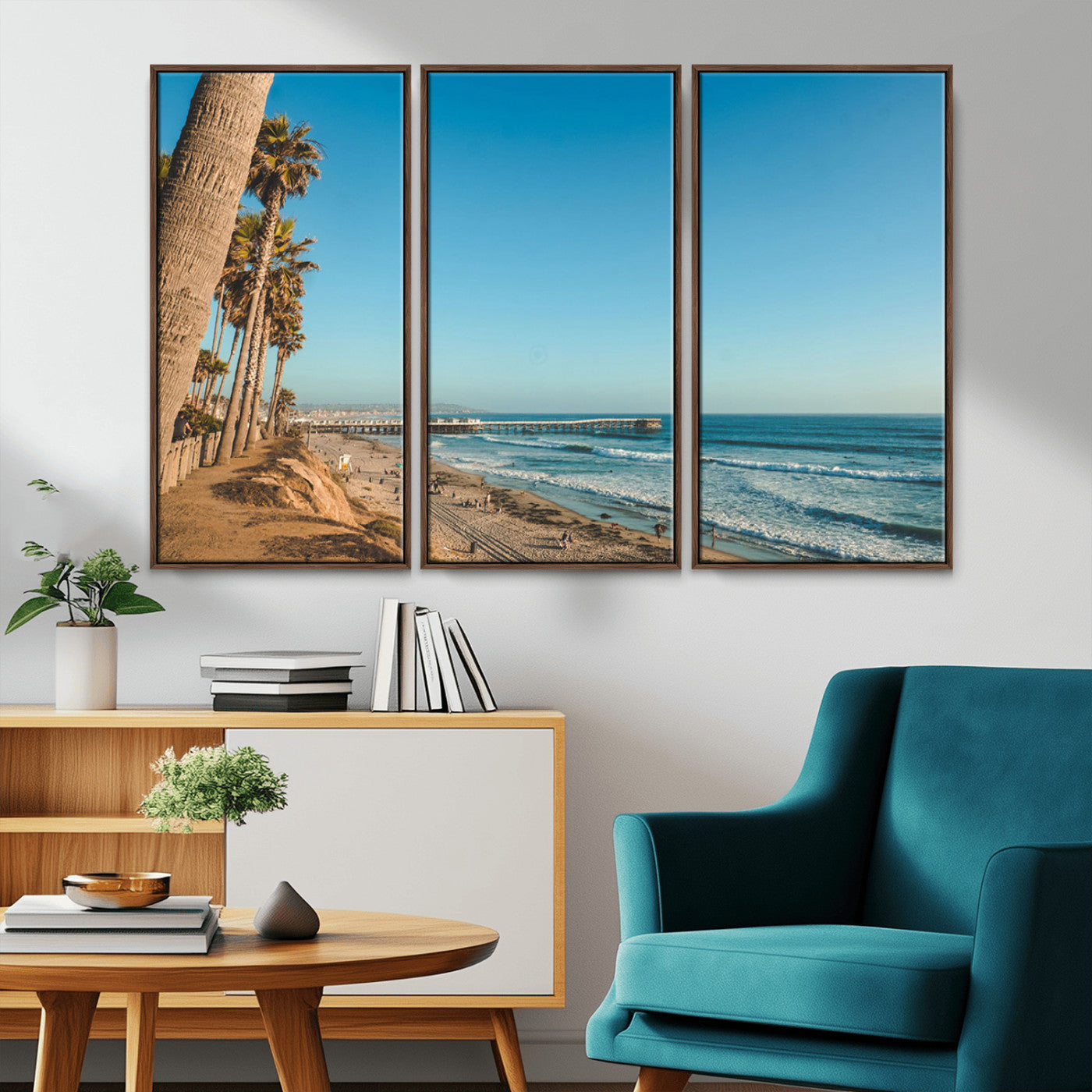 92568259-MGV-CV-36X24-California Beach Wall Art – Palm Tree Pier Canvas Print, Coastal Ocean Photography Seaside Decor for Living Room, Bedroom, Office,