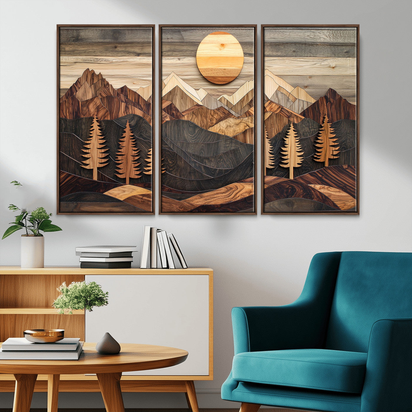 90044381-MGV-CV-36X24-Rustic Wall Art – Wooden Mountain Landscape with Sun and Pine Trees, Handcrafted Nature Canvas Style Decor for Bedroom, Living