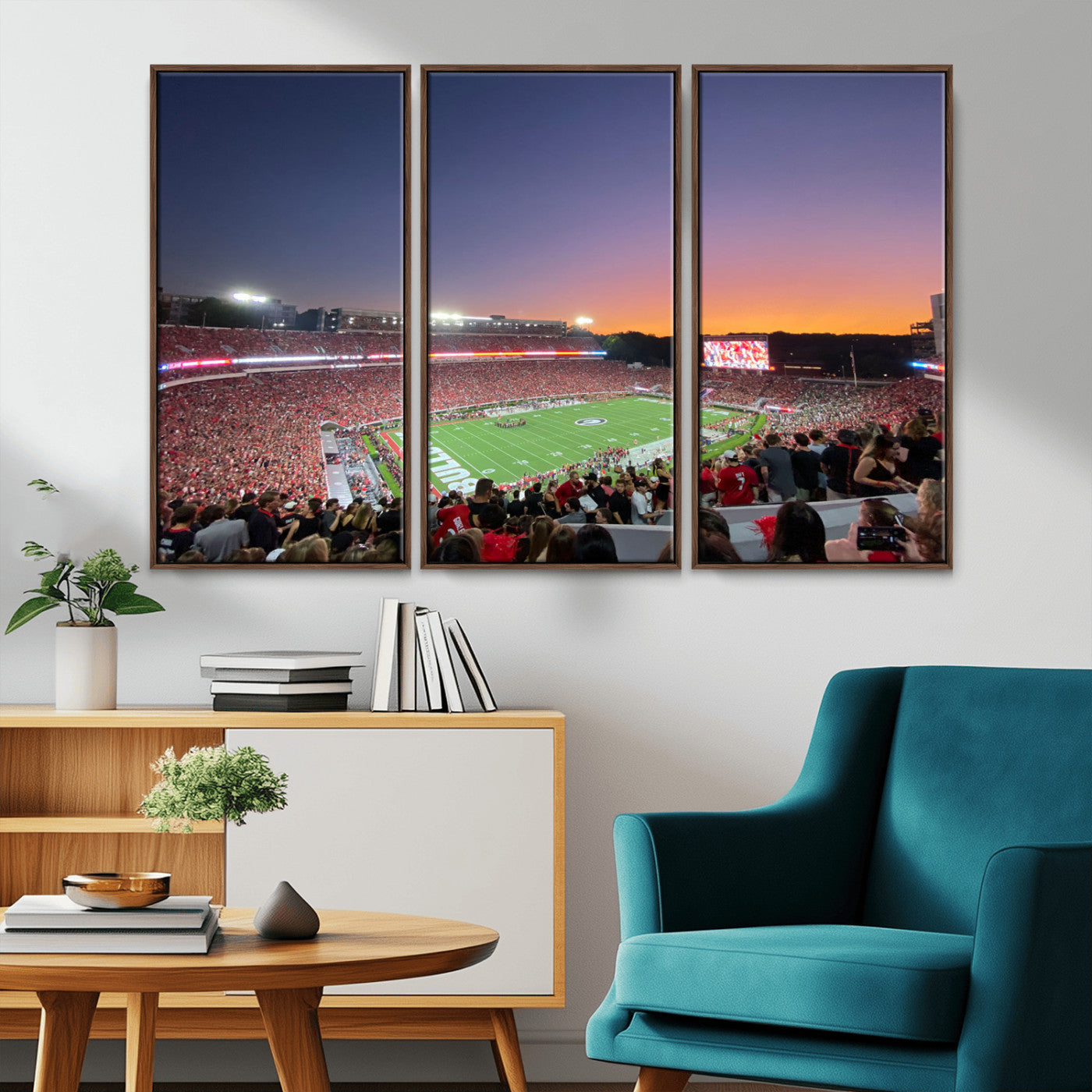 25139565-MGV-FC-48X32-3P_Walnut-Sanford Stadium Wall Art – Panoramic Georgia Bulldogs Sunset Football Game Canvas Print, Red Crowd Sports Decor for Office, Man