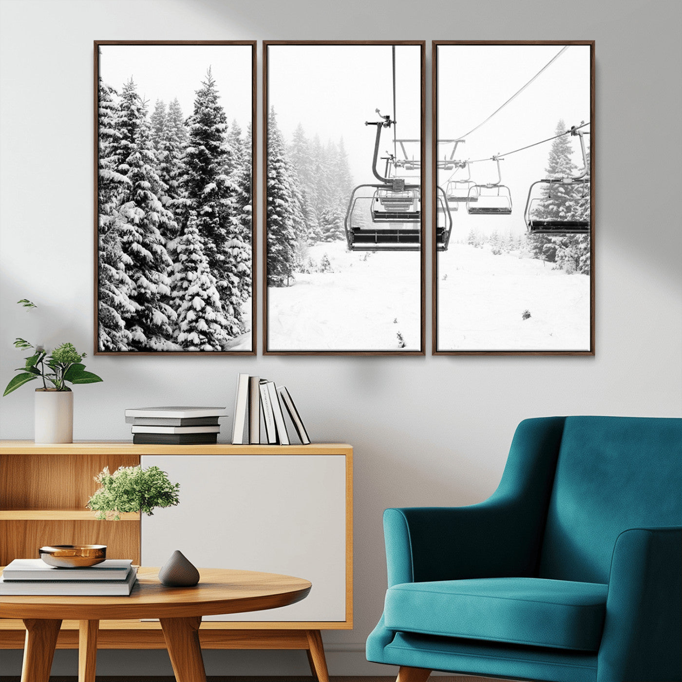 49274-MGV-CV-36X24-Snowy Forest Wall Art Canvas Print, Framed Ski Lift Art Picture Print, Mountain Snow Perfect Minimal Winter Lodge Decor Artwork