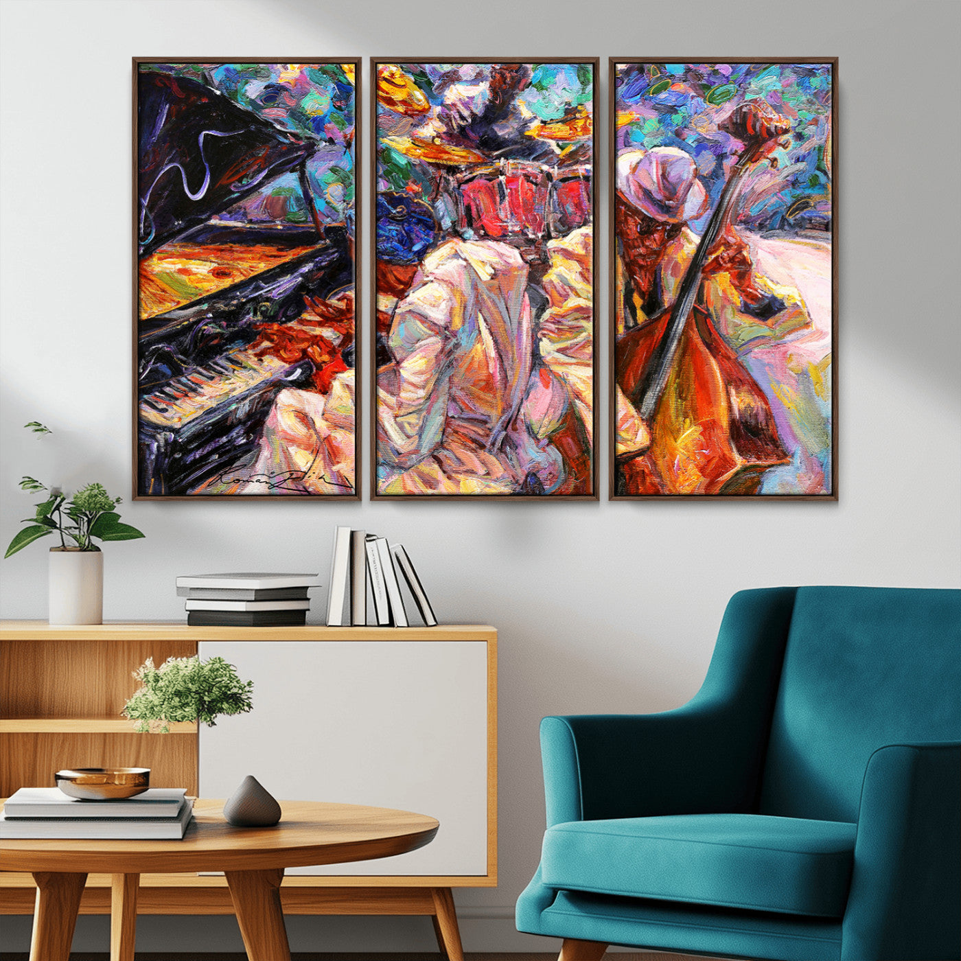 13675-MGV-CV-36X24-Jazz Band Wall Art Canvas Print, Framed Jazz Oil Painting Art Picture Print, Vibrant Music Perfect Abstract Musical Decor Artwork