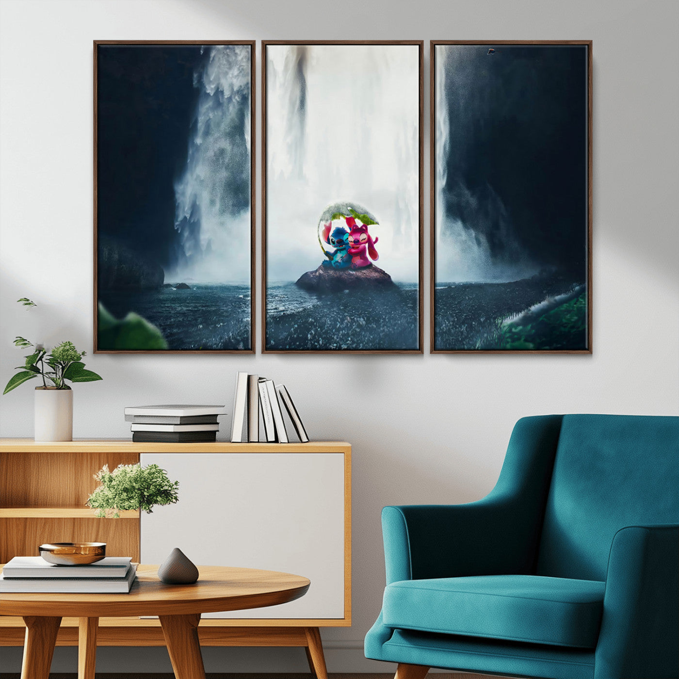 32259-MGV-CV-36X24-Stitch Angel Wall Art Canvas Print, Framed Stitch Waterfall Art Picture Print, Cartoon Couple Perfect Moody Fantasy Decor Artwork