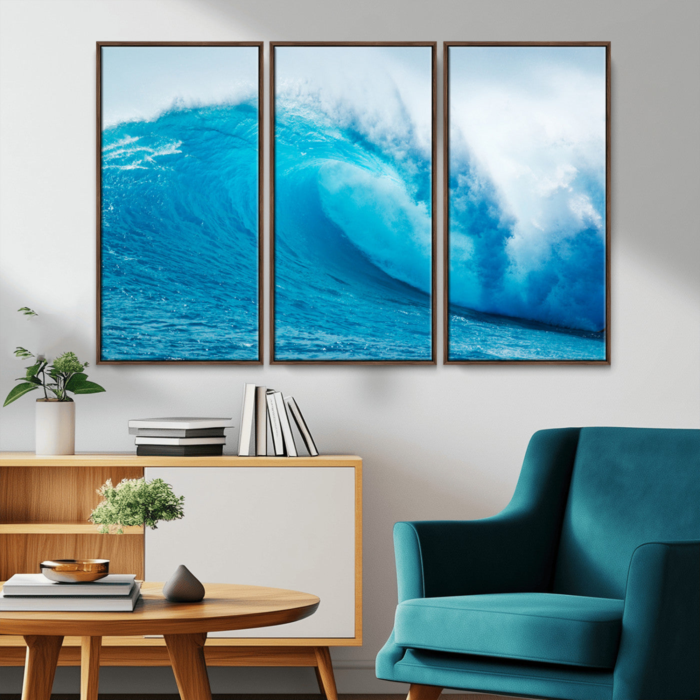 15566-MGV-FC-48X32-3P_Walnut-Ocean Wave Wall Art Canvas Print, Framed Curling Wave Art Picture Print, Vibrant Surf Wave Perfect Coastal Surf Decor Artwork