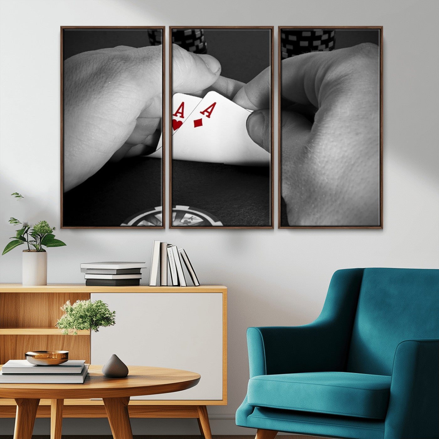 62460-MGV-CV-36X24-Poker Game Wall Art – Close Up of Hands Holding Aces with Chips, Casino Style Decor for Game Room, Man Cave or Office