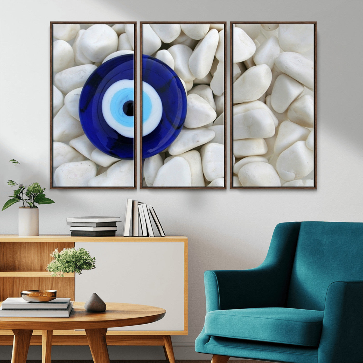 48883-MGV-CV-36X24-Evil Eye Wall Art – Deep Blue Symbol of Presence and Calm on White Stones, Subtle Spiritual Decor for Entryway, Studio, Office or