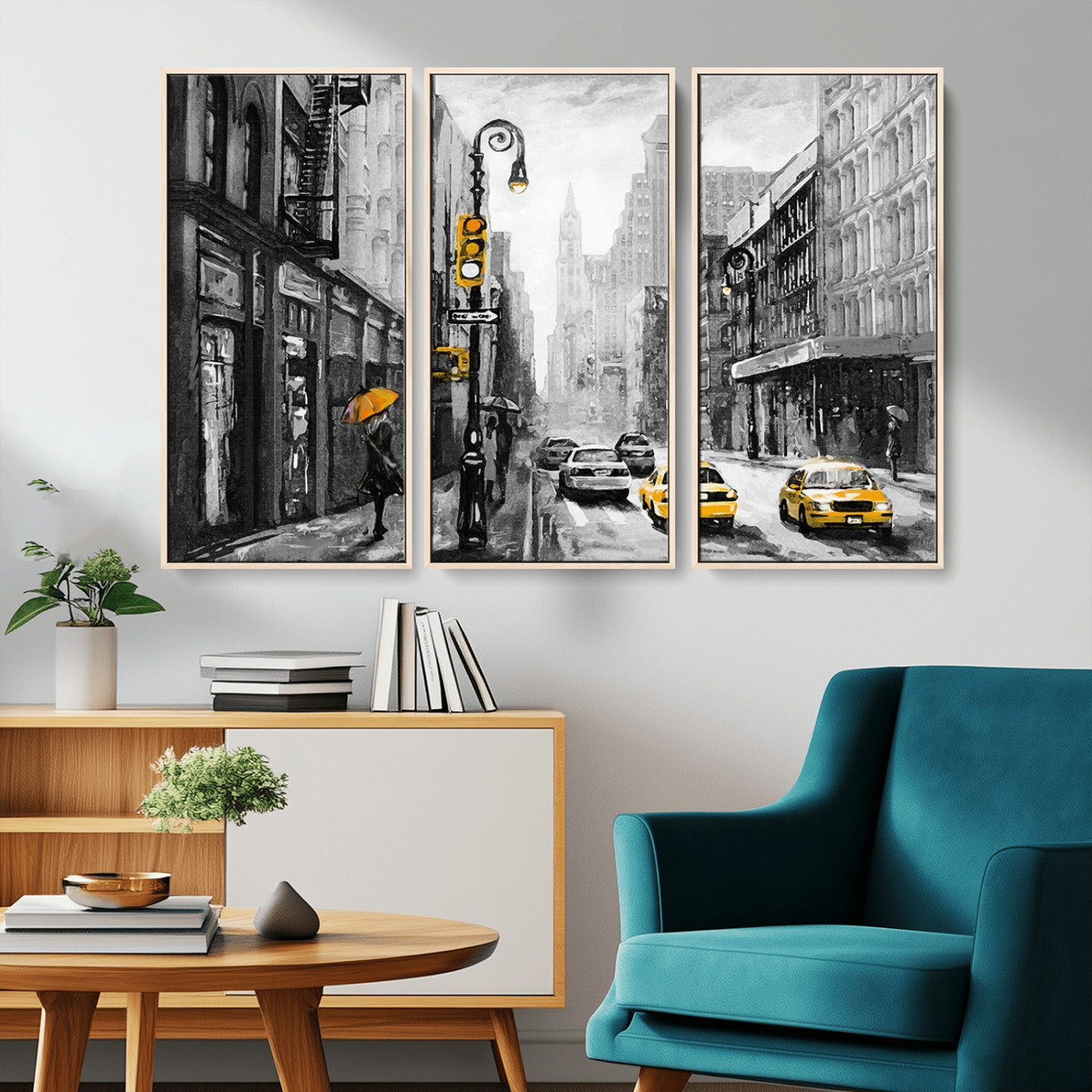 32362-MGV-CV-36X24-NYC Street Wall Art – Black and White Cityscape with Yellow Taxis and Umbrella Canvas Print, Urban Home Decor for Living Room or