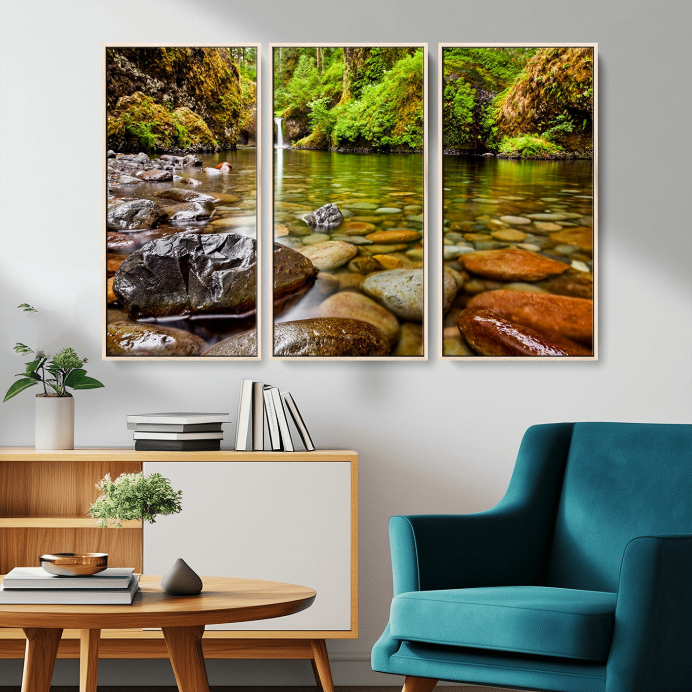 98096-MGV-CV-36X24-Serene River Waterfall Nature Photo – Calm Clear Water, Vibrant Green Forest and Smooth Stones Landscape Wall Art for Home or