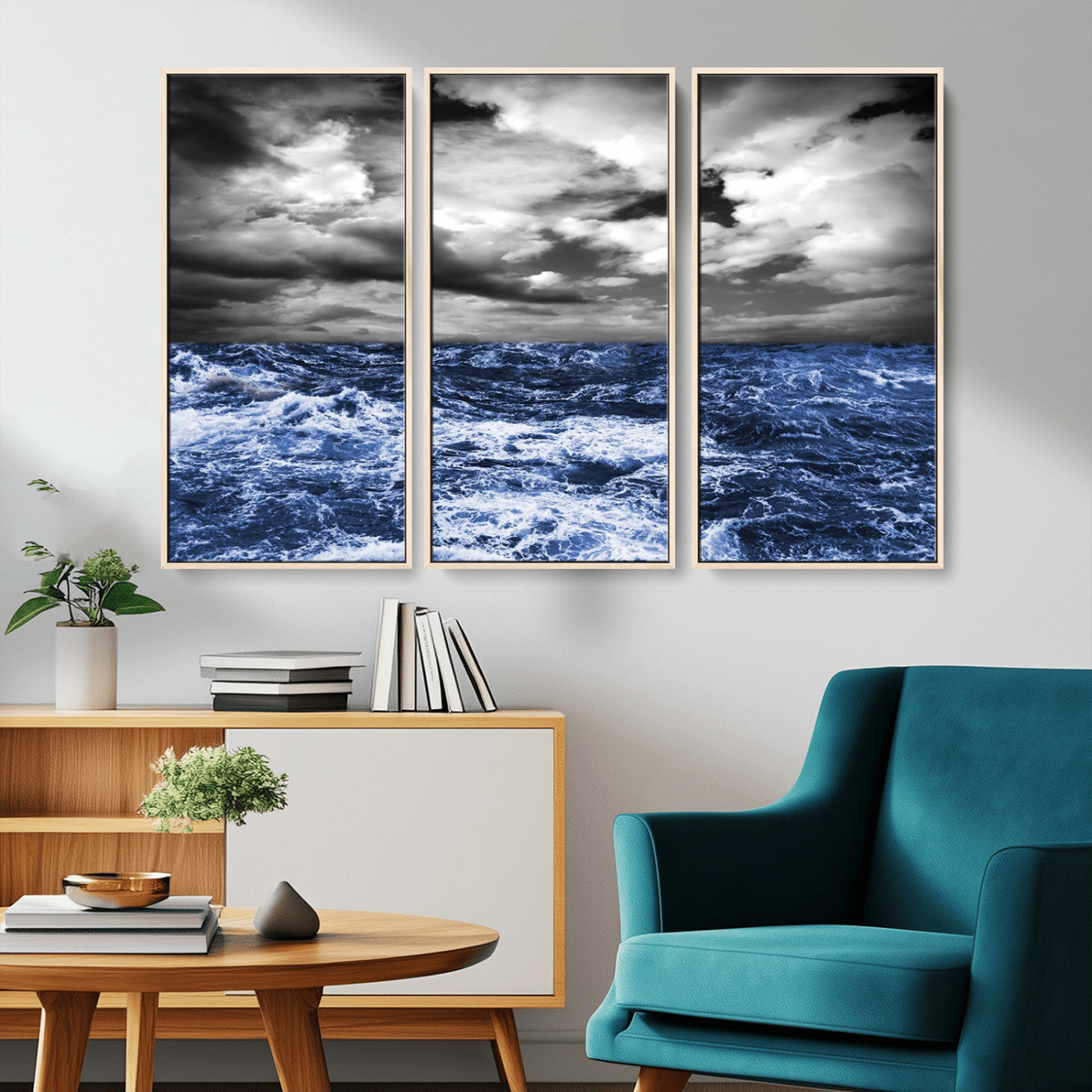 36012-MGV-CV-36X24-Dramatic Stormy Ocean Waves Black and White with Deep Blue Highlights – Moody Seascape Wall Art, Nature Photography Print for Home