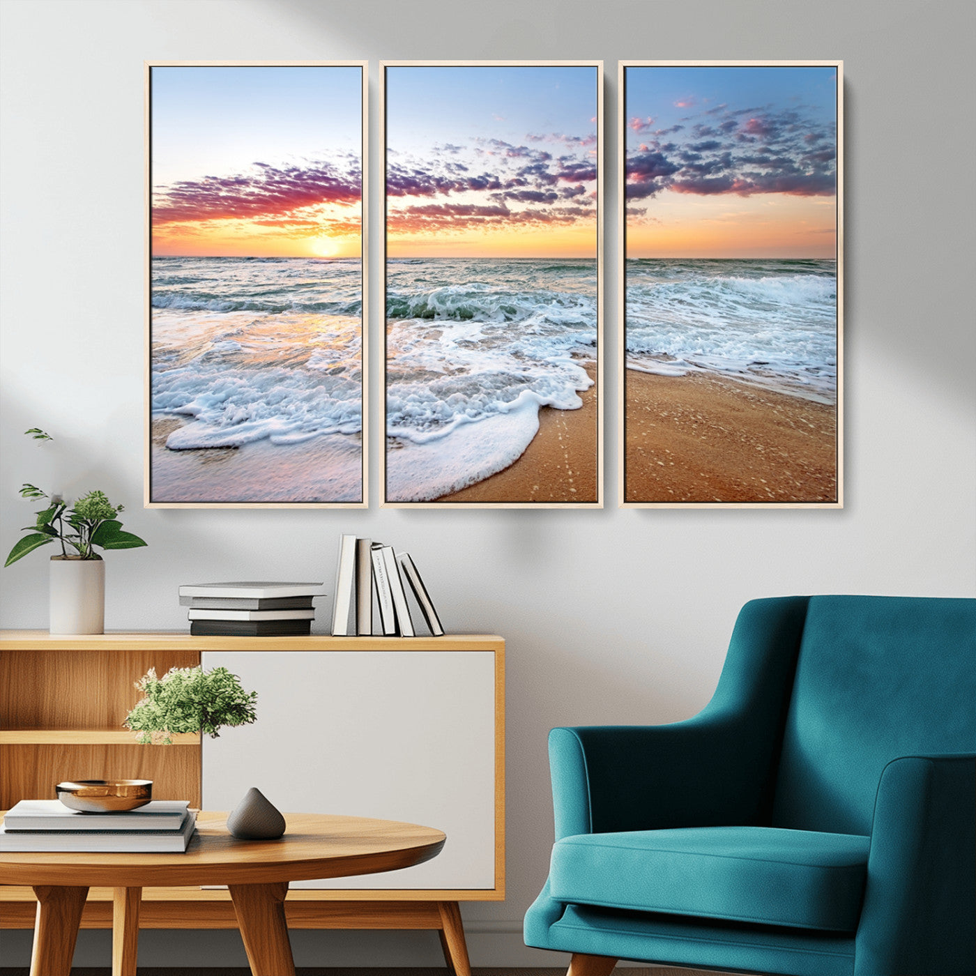 39560-MGV-CV-36X24-Sunrise Beach Wall Art – Vibrant Ocean Waves and Golden Sand Canvas Print, Seaside Coastal Decor for Living Room, Bedroom or