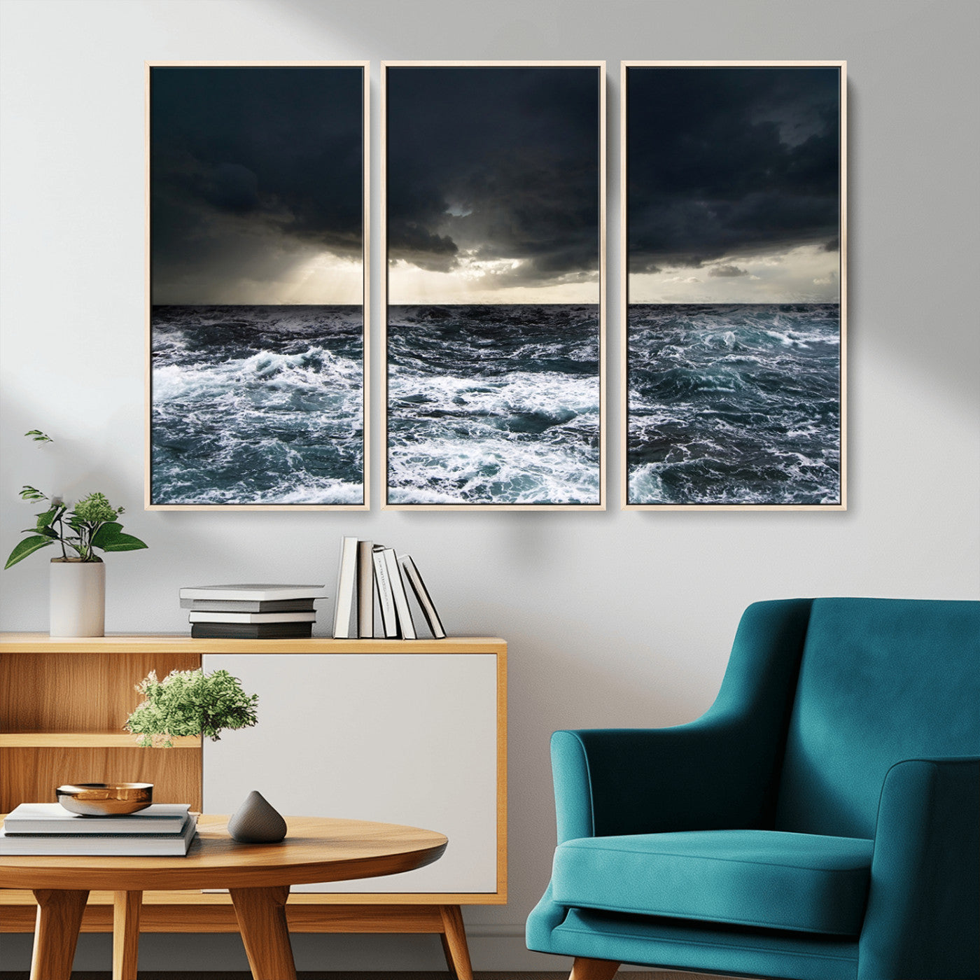 42607-MGV-CV-36X24-Stormy Ocean Wall Art – Dramatic Sea and Sky Canvas Print with Sun Rays, Moody Nature Decor for Living Room, Office, Bedroom or