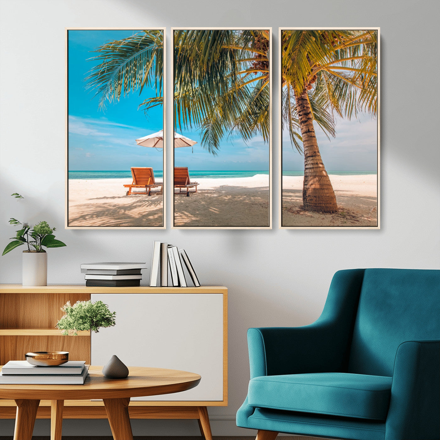 69754-MGV-CV-36X24-Tropical Beach Wall Art – Relaxing Palm Tree and Lounge Chairs Canvas Print, Serene Coastal Decor for Living Room, Bedroom, Office