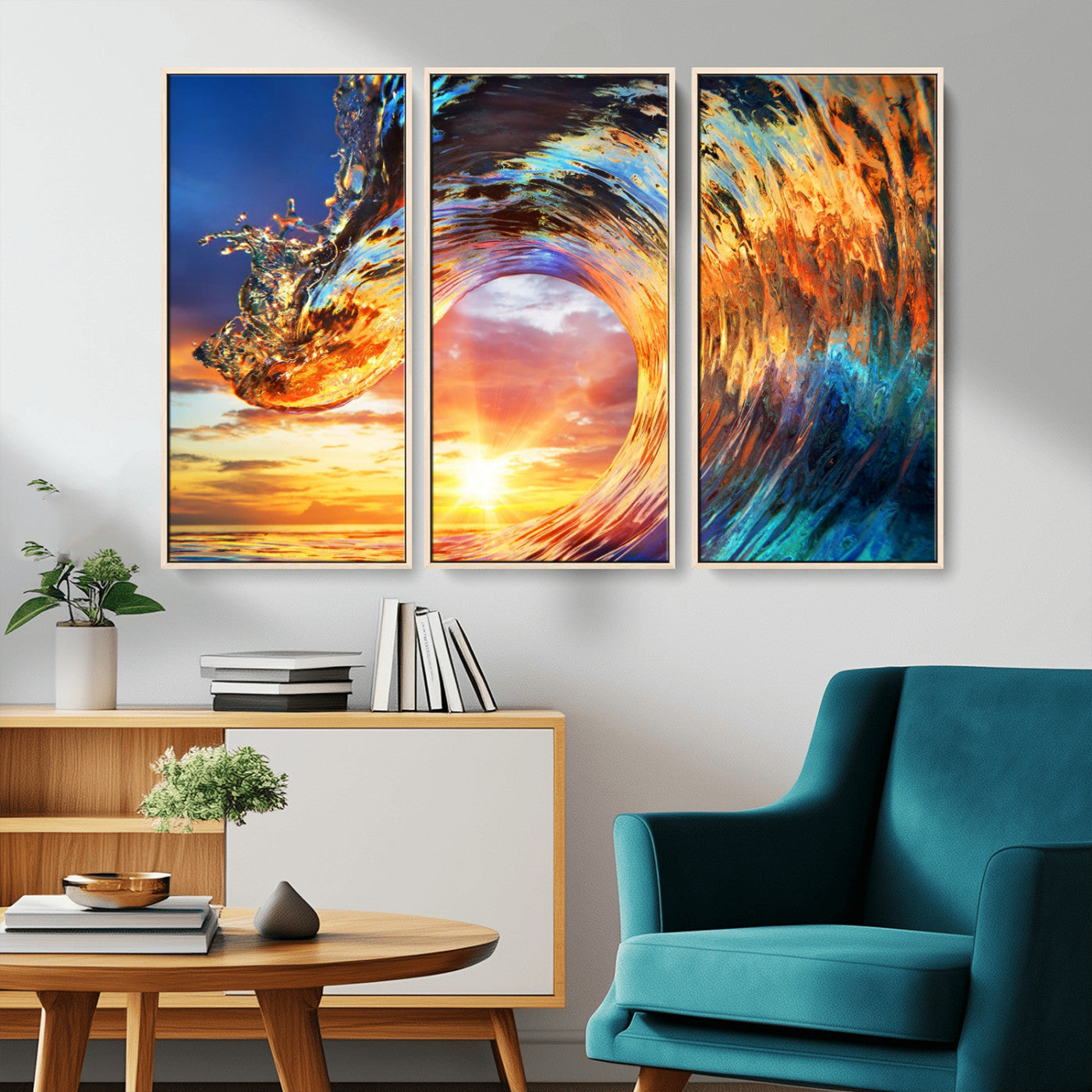 52890-MGV-FC-48X32-3P_Natural-Surfing Wave Wall Art Canvas Print, Framed Sunset Ocean Art Picture Print, Ocean Wave Perfect Nautical Decor Artwork