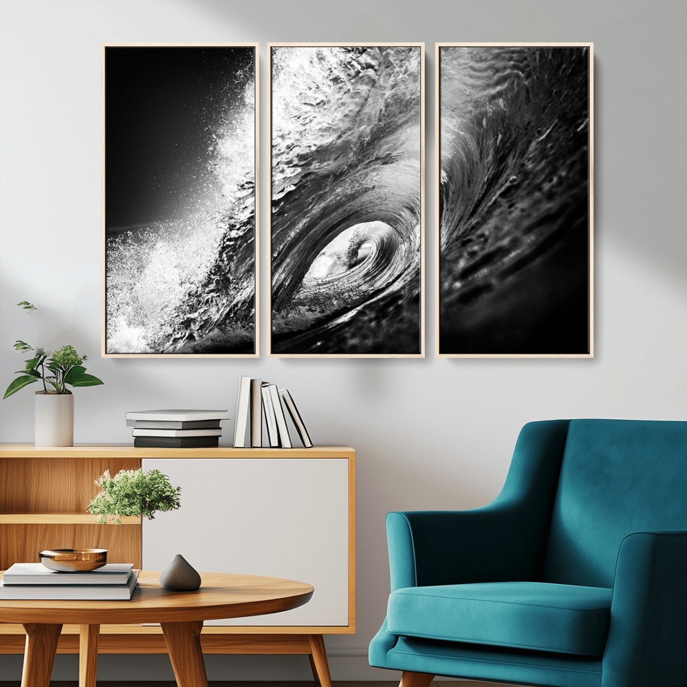22702-MGV-CV-36X24-Black and White Ocean Wave Wall Art – Powerful Surf Curl Photography Canvas Print, Modern Coastal Decor for Living Room, Office or