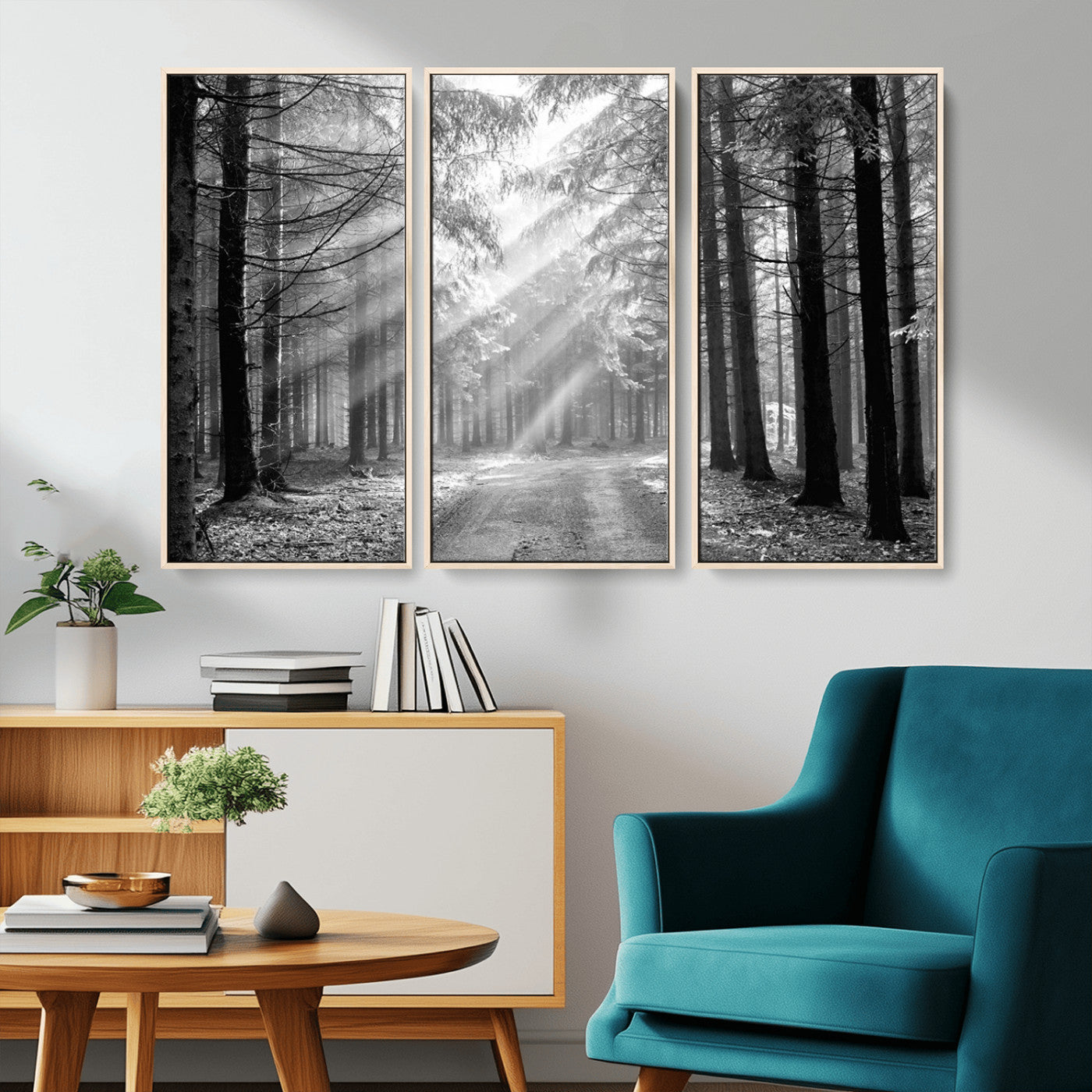 39665-MGV-CV-36X24-Black and White Forest Path Wall Art – Sunlight Rays in Trees Canvas Print, Nature Landscape Decor for Living Room or Office