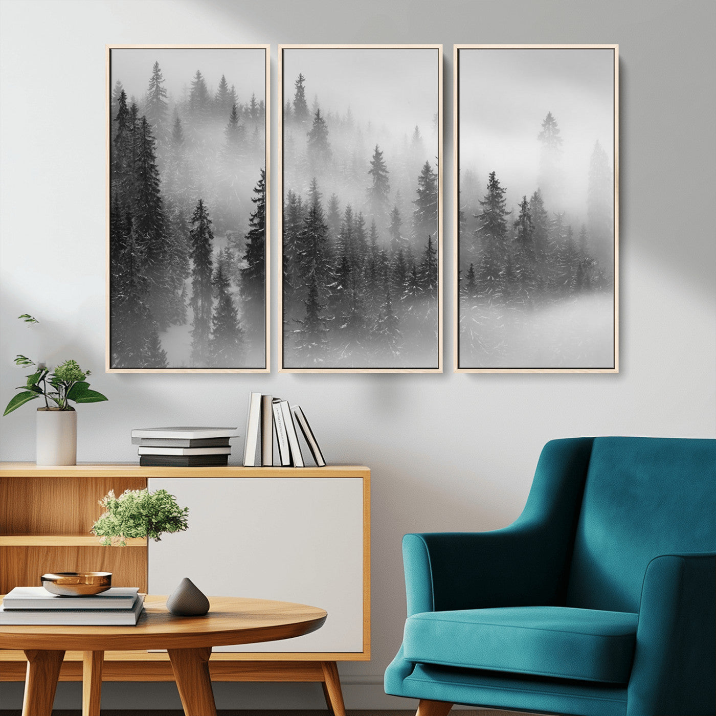 57235-MGV-CV-36X24-Misty Pine Forest Wall Art – Black and White Mountain Landscape Canvas Print, Nature Woodland Decor for Living Room, Bedroom or