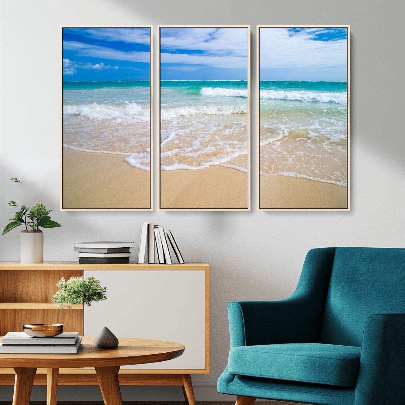 20660-MGV-CV-36X24-Ocean Wave Beach Wall Art – Serene Blue Sea and Sandy Shore Canvas Print, Coastal Landscape Photography Decor for Living Room or
