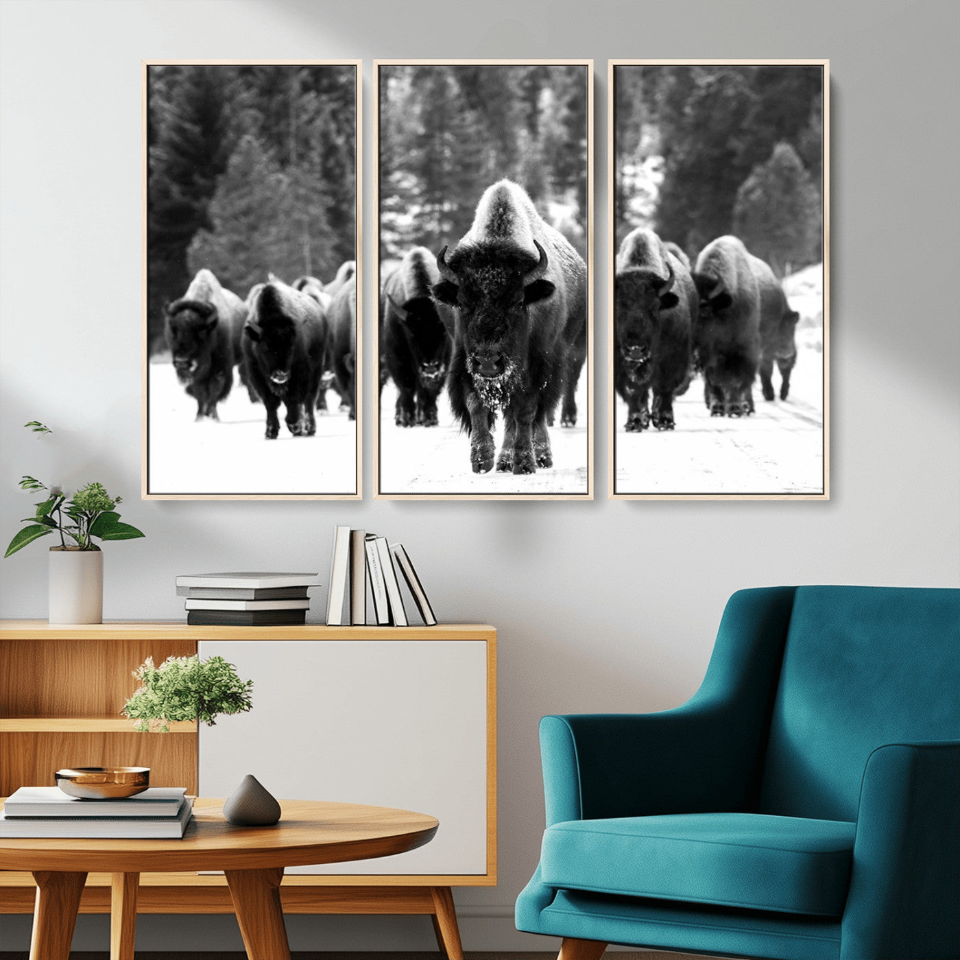 62434-MGV-CV-36X24-Bison Herd Wall Art – Majestic Black and White Buffalo Canvas Print, Wildlife Nature Photography Decor for Living Room, Office or