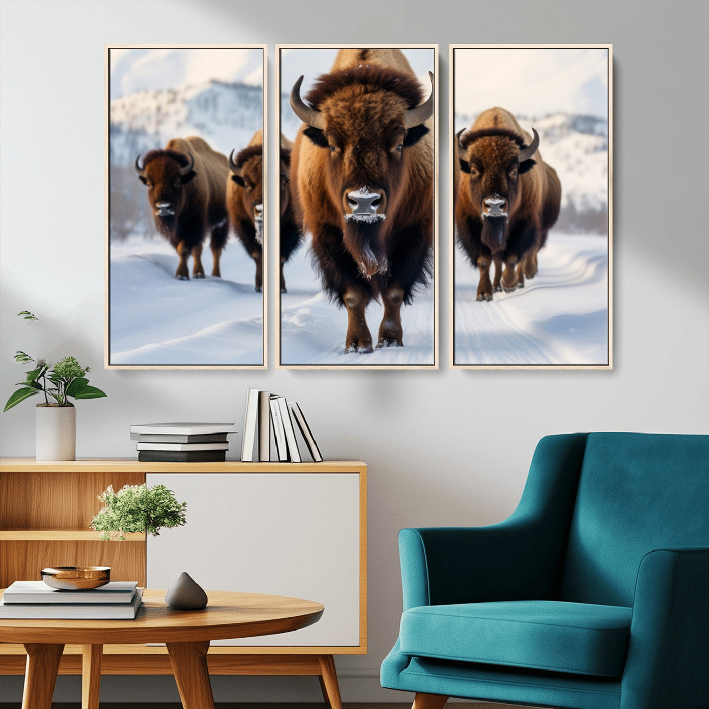 56701-MGV-CV-36X24-Bison Herd Wall Art – Buffalo Walking in Snowy Mountains Canvas Print, Rustic Wildlife Decor for Cabin, Lodge, or Living Room