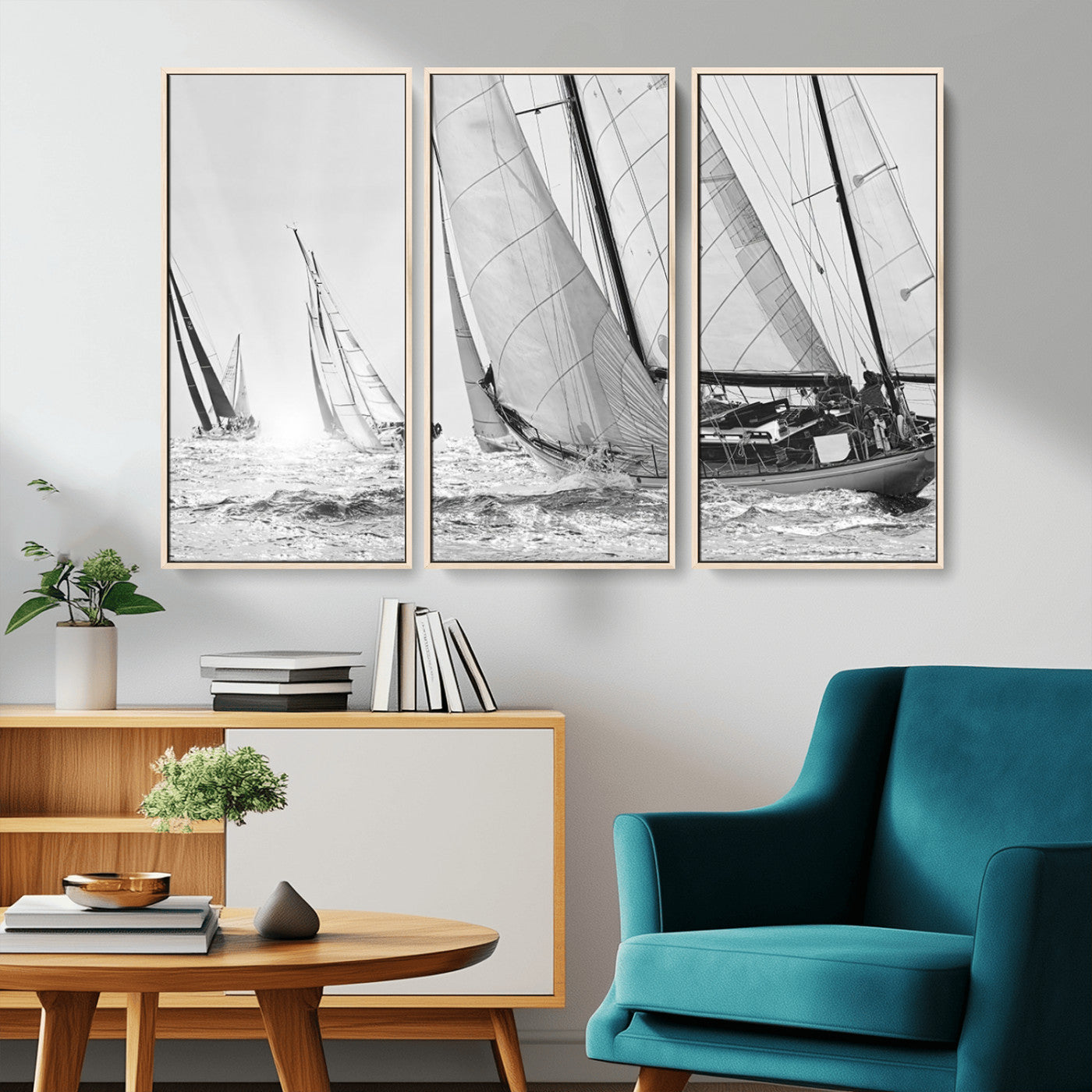 Boat-1-MGV-CV-36X24-Sailboat Racing Wall Art – Nautical Black and White Canvas Print, Ocean Adventure Decor for Office, Living Room or Bedroom