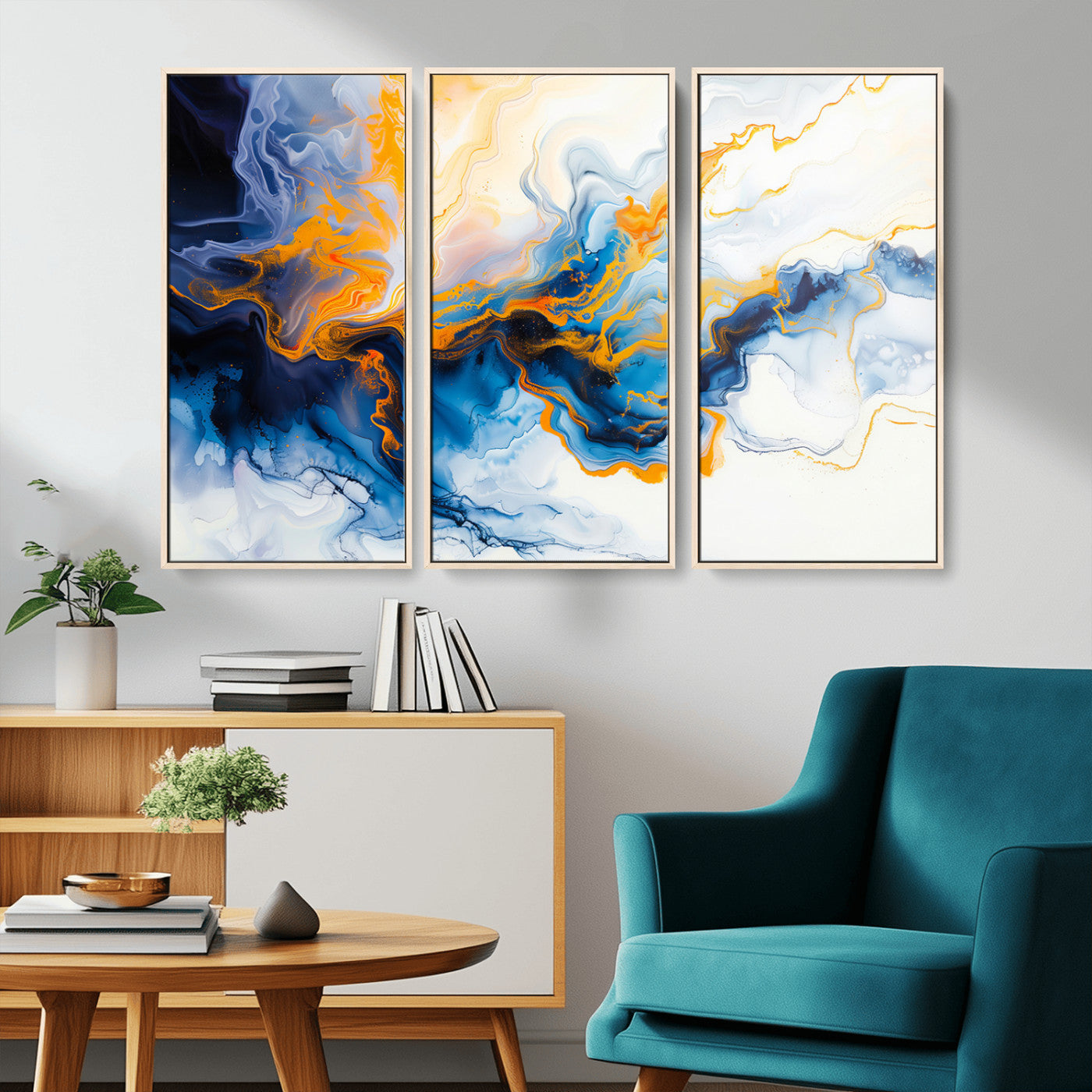 83720-MGV-CV-36X24-Abstract Fluid Wall Art – Blue, White and Gold Swirl Canvas Painting, Modern Contemporary Artwork for Living Room, Bedroom or