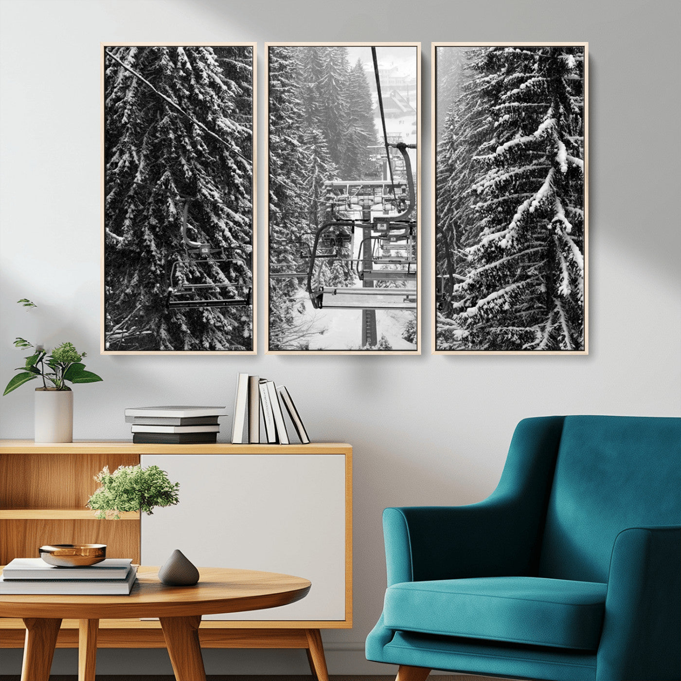 19240-MGV-CV-36X24-Ski Lift Wall Art – Black and White Winter Mountain Canvas Print, Snowy Forest Ski Resort Photography for Cabin, Lodge, Office or