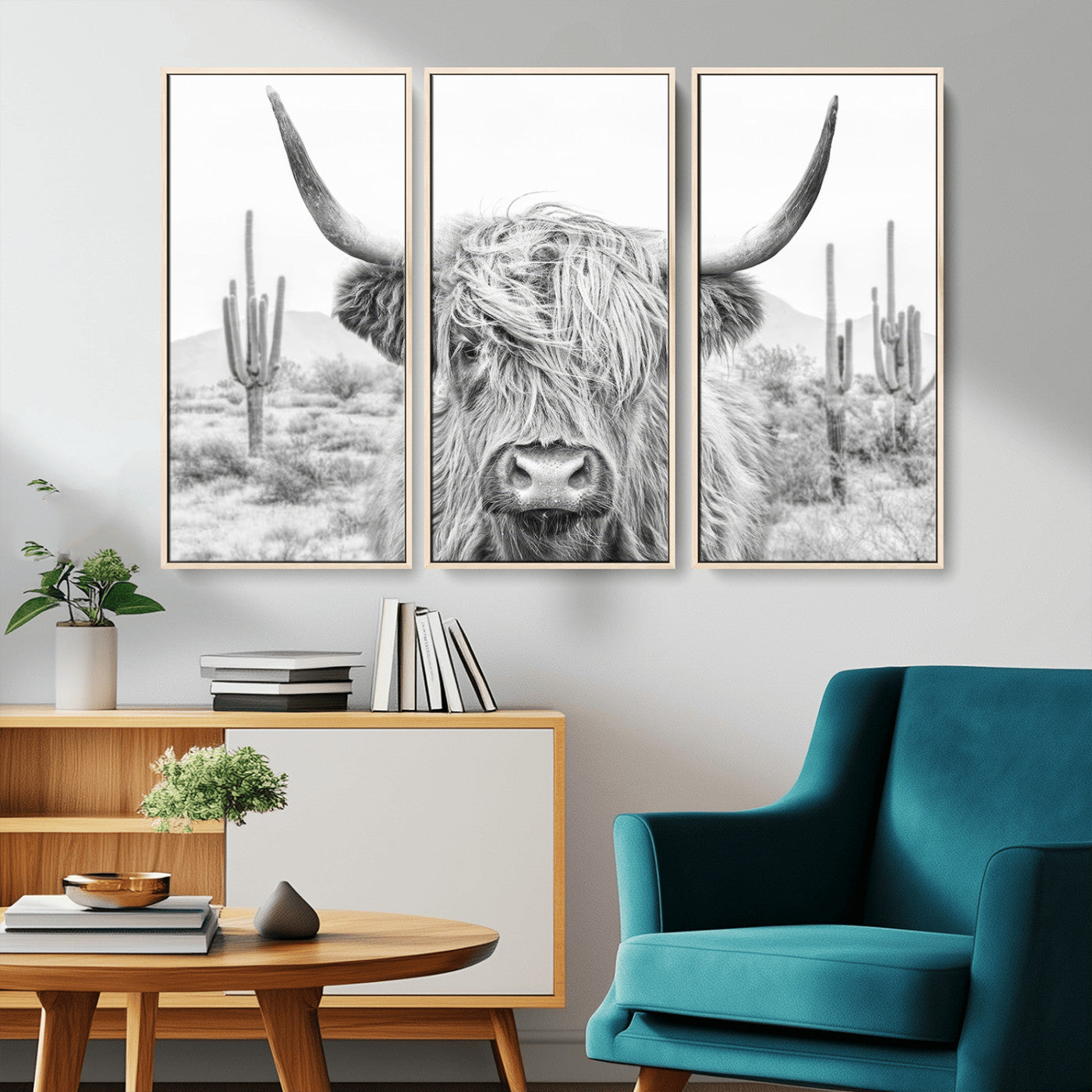 94579-MGV-CV-36X24-Highland Cow Wall Art – Black and White Longhorn Canvas Print, Rustic Western Farmhouse Animal Photography for Living Room,