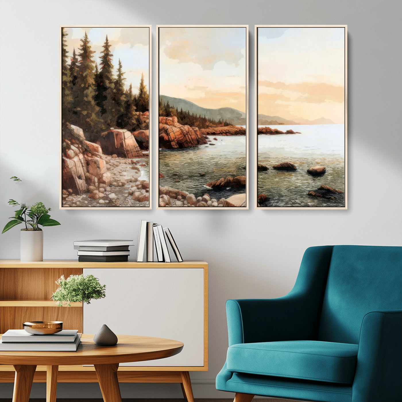 77145-MGV-CV-36X24-Coastal Landscape Wall Art – Panoramic Rocky Shoreline and Pine Trees Canvas Print, Rustic Nature Decor for Cabin, Lodge, Office,