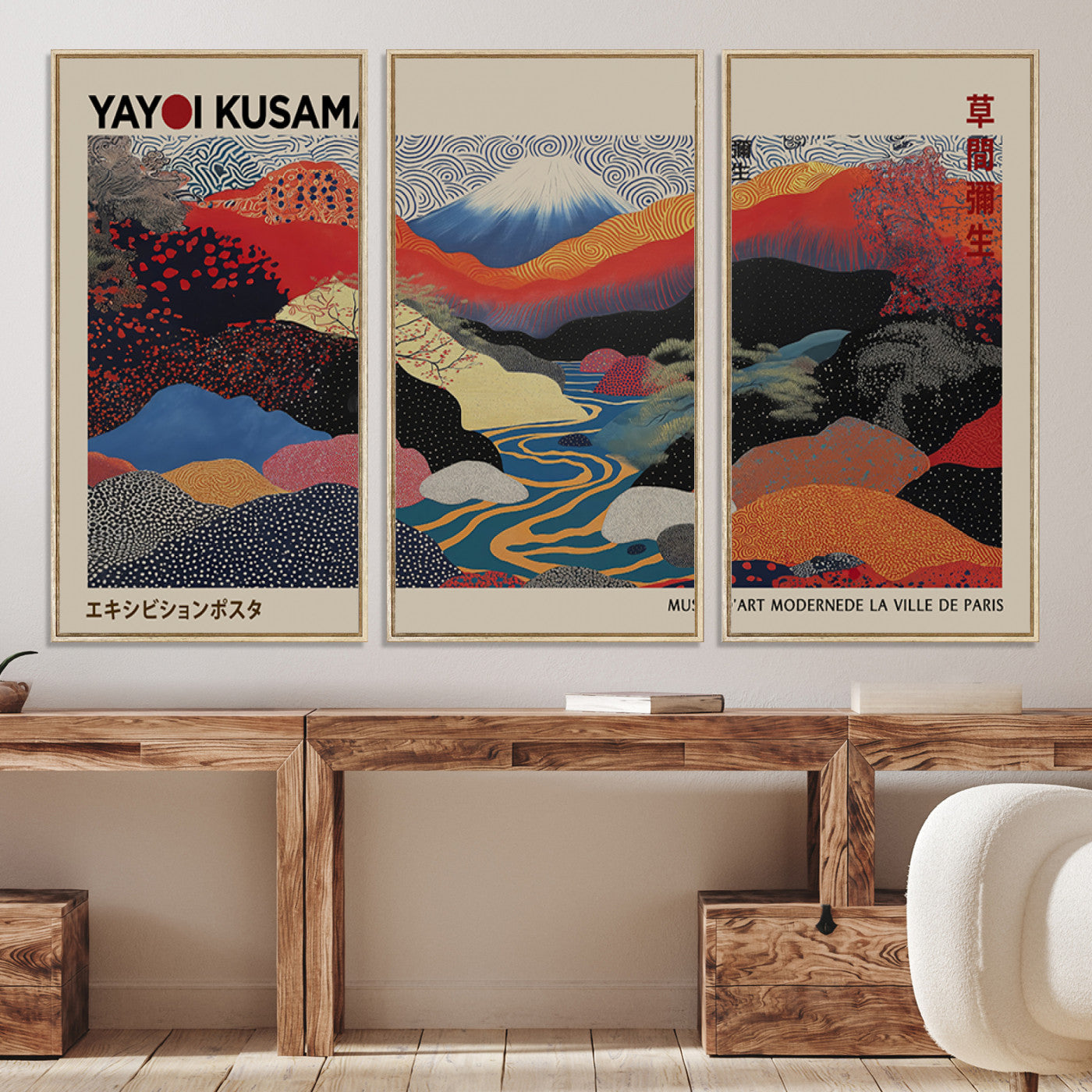 49228-MGV-FC-93X47-3P_Black-Kusama Wall Art – Vibrant Japanese Landscape Canvas Print, Modern Abstract Mountain and River Decor for Living Room, Office or Art