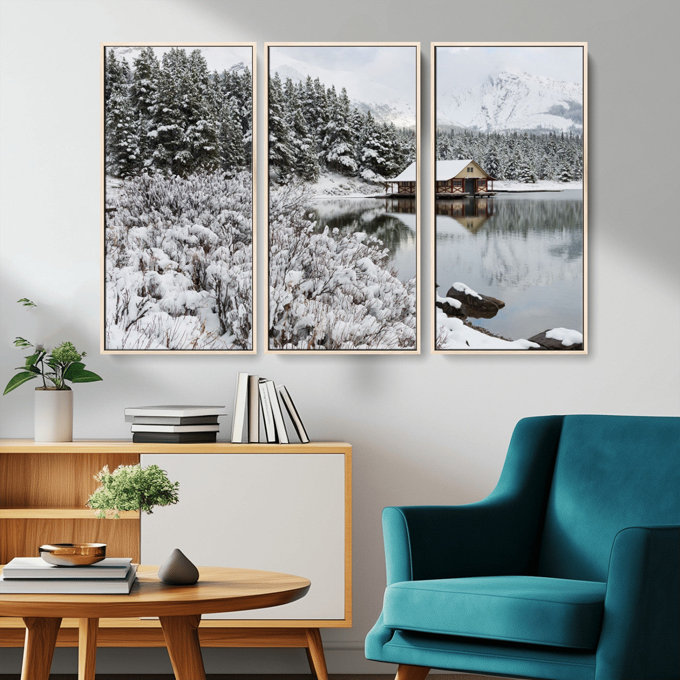 94285-MGV-CV-36X24-Snowy Cabin Wall Art Canvas Print, Framed Winter Cabin Art Picture Print, Mountain Lake Perfect Snowy Nature Decor Artwork