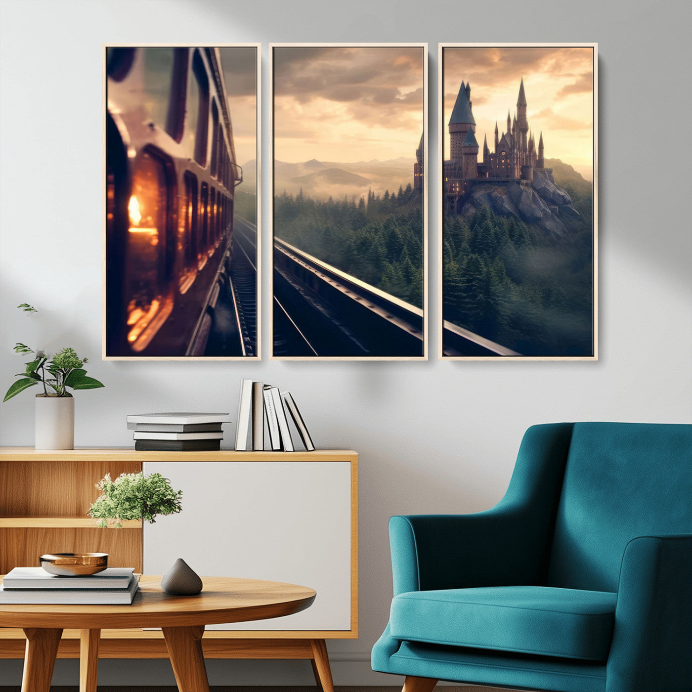 84029-MGV-CV-36X24-Fantasy Castle Wall Art – Magical Train Sunset Forest Canvas Print, Enchanted Landscape Painting Poster for Living Room, Bedroom,