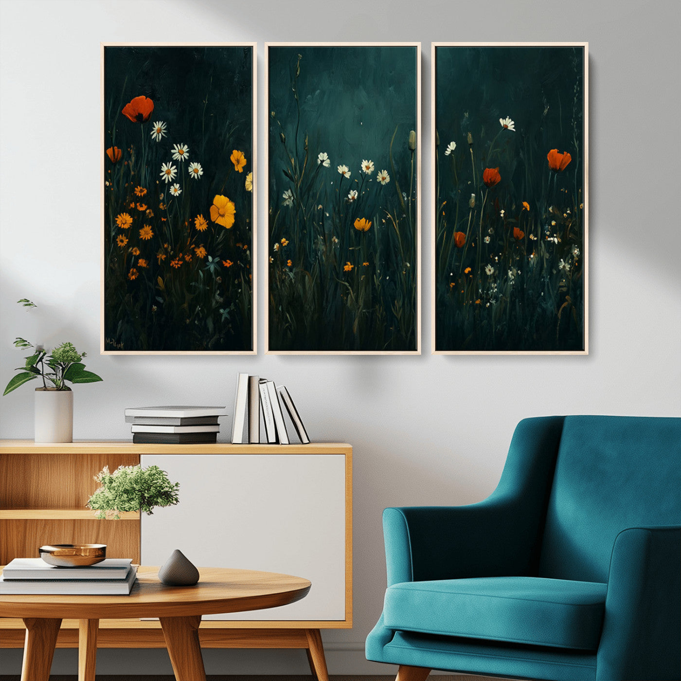 87037-MGV-CV-36X24-Wildflower Wall Art – Dark Botanical Floral Canvas Print, Modern Nature Painting Poster with Daisies Poppies Orange Flowers for