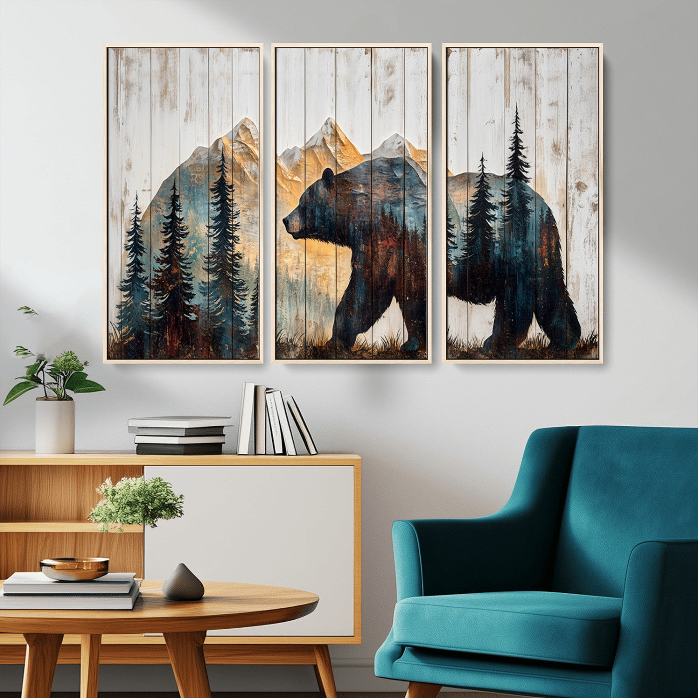 90077-MGV-CV-36X24-Wood Grizzly Bear Wall Art Canvas Print, Framed Abstract Bear Art Picture Print, Bear in Forest Perfect Rustic Lodge Decor Artwork