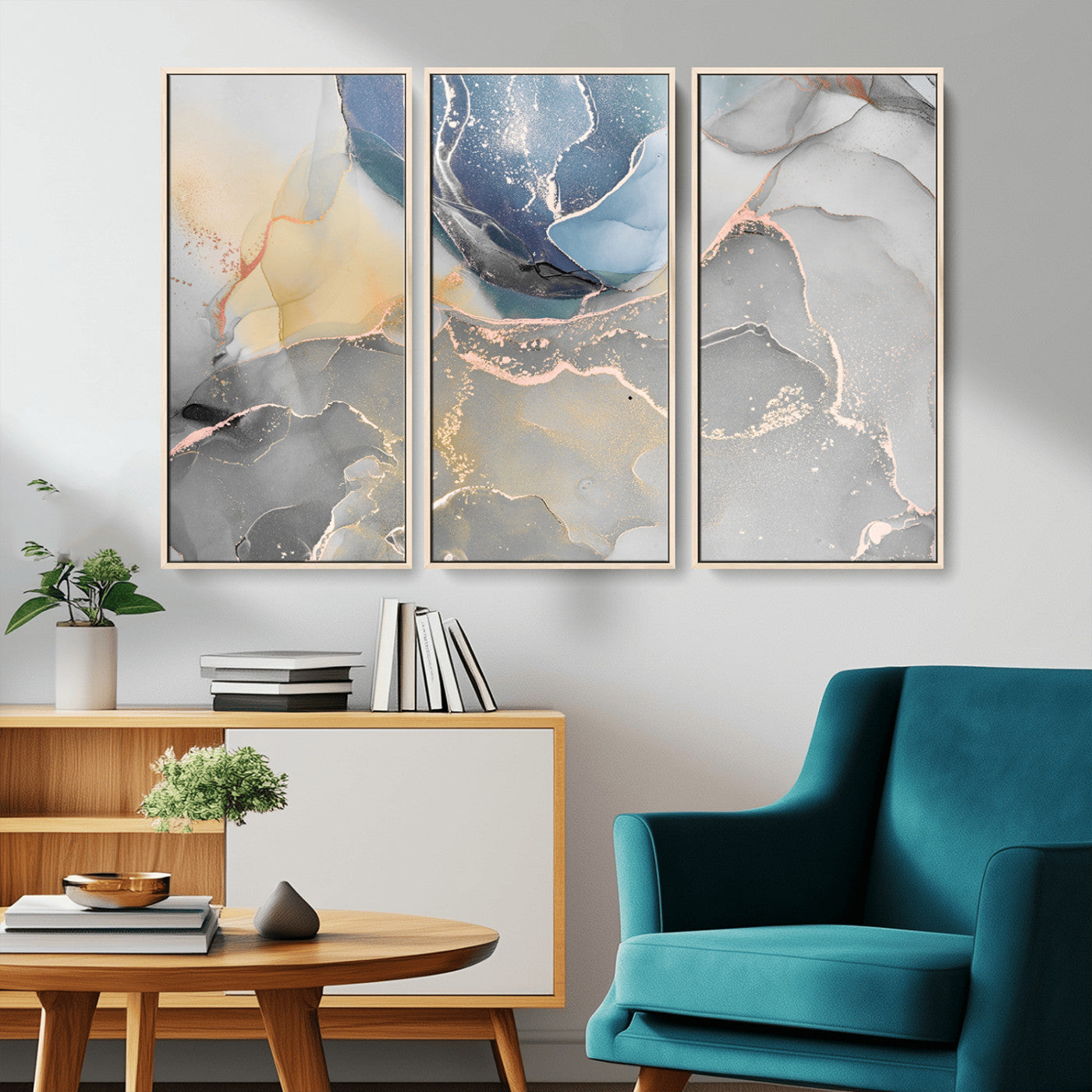 18176-MGV-CV-36X24-Abstract Fluid Wall Art – Modern Marble Ink Canvas Print with Blue, Gold, and Gray Tones, Contemporary Minimal Artwork Decor for