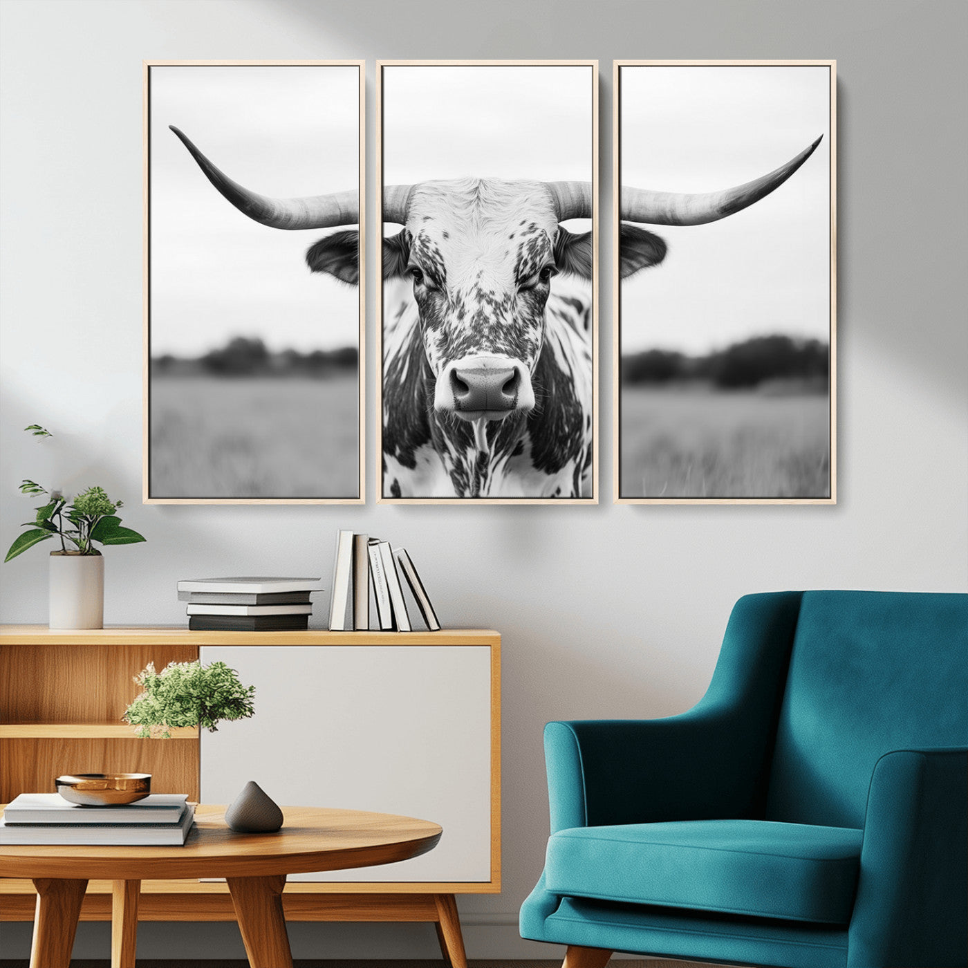 20272-MGV-CV-36X24-Highland Cow Wall Art – Black and White Western Longhorn Canvas Print, Farmhouse Living Room Decor Southwestern Animal Artwork for