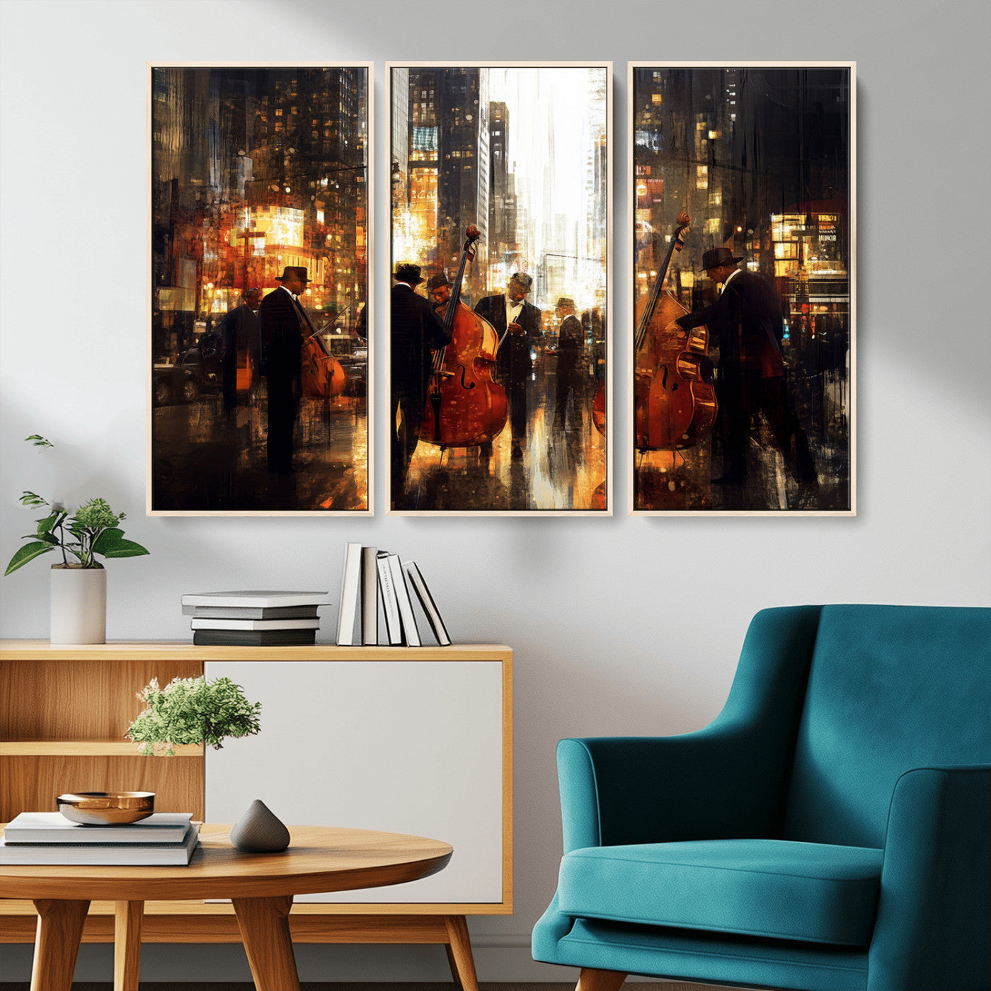 58782-MGV-CV-36X24-Jazz Musicians Cityscape Wall Art – Vibrant Urban Night Canvas Print, Elegant Music Themed Decor for Living Room, Office, or Music