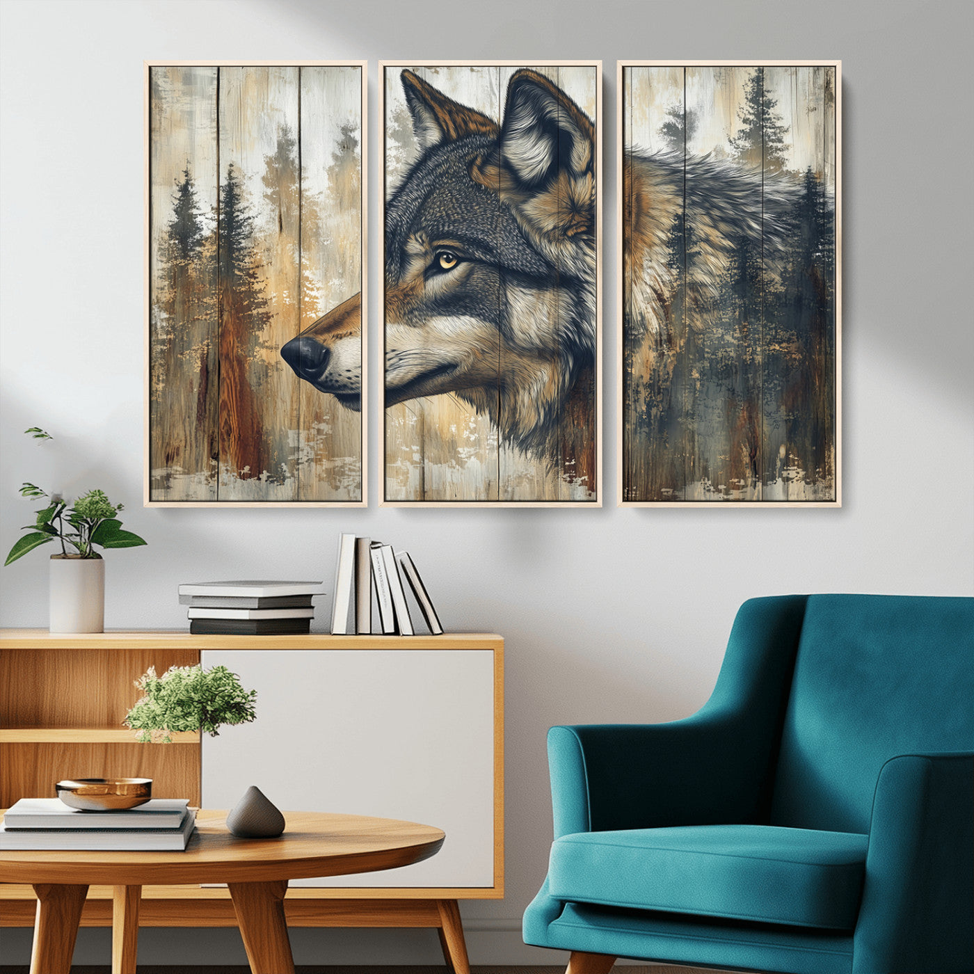 91882-MGV-CV-36X24-Wolf Wall Art – Rustic Canvas Print of Forest Wolf on Wood Background, Wildlife Lodge Artwork for Living Room, Bedroom, Cabin, or