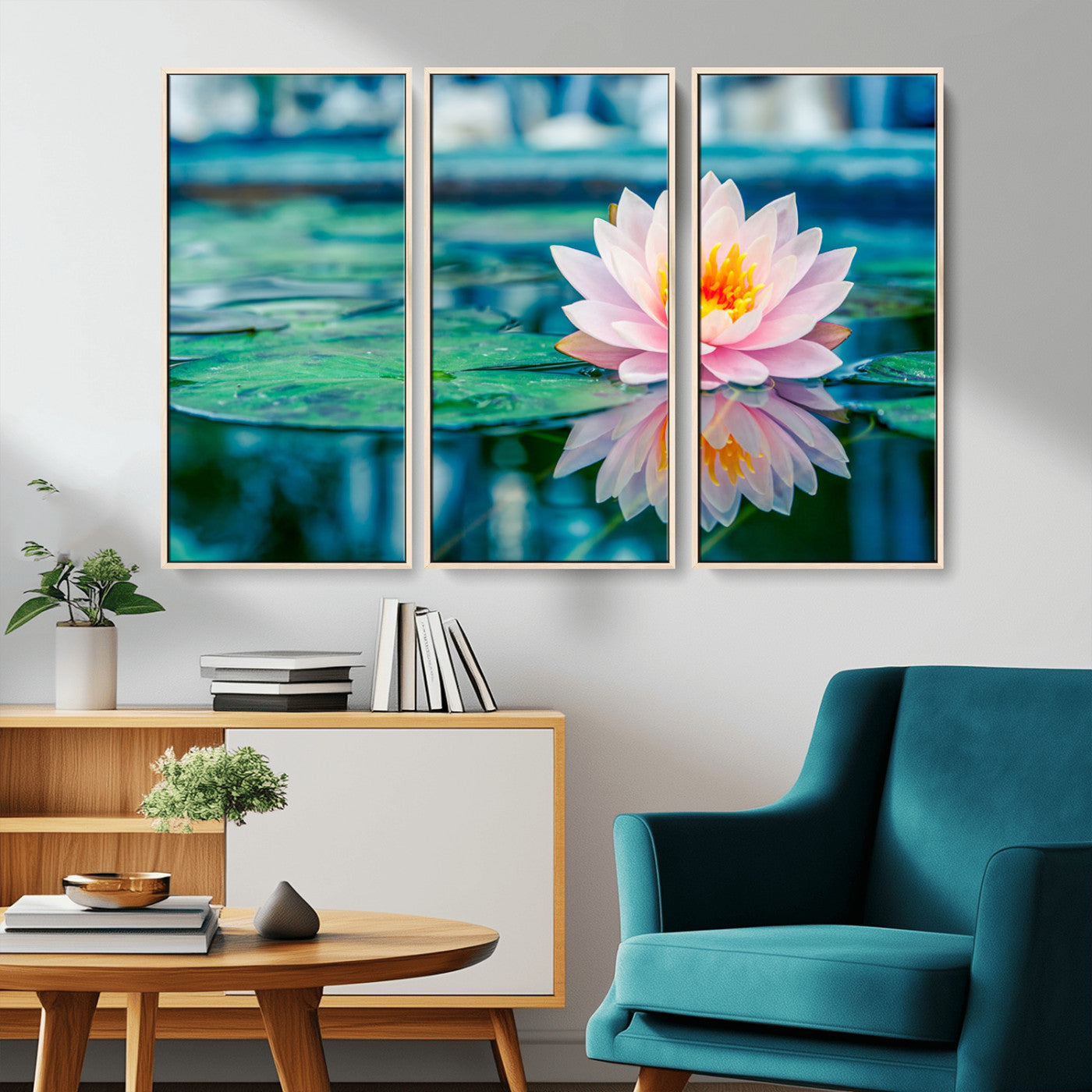 30320-MGV-CV-36X24-Pink Water Lily Wall Art – Lotus Flower Canvas Print with Reflection Water, Peaceful Botanical Artwork for Living Room, Bedroom,
