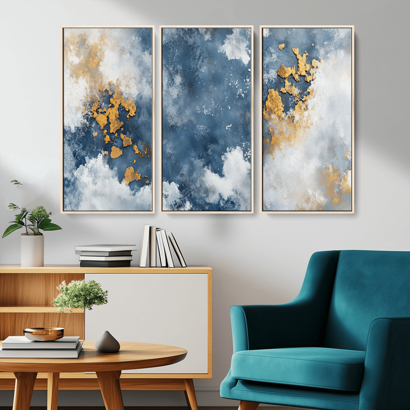 39575-MGV-CV-36X24-Blue and Gold Abstract Wall Art – Modern Canvas Print Featuring Cloudy Textures with Metallic Accents, Contemporary Artwork for