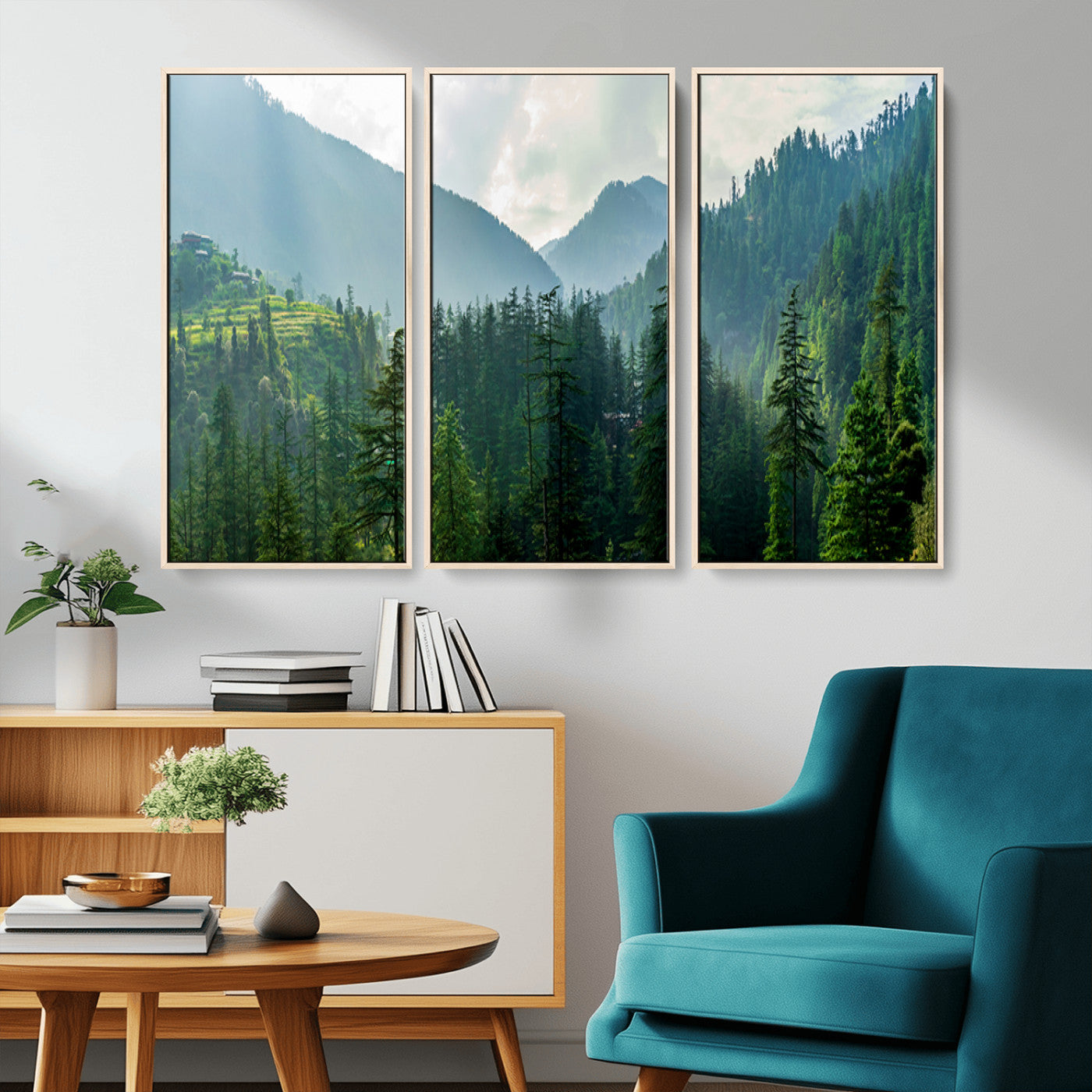 83417191-MGV-FC-48X32-3P_Natural-Misty Mountain Forest Wall Art – Pine Tree Landscape Canvas Print, Nature Photography Panorama, Tranquil Green Forest Décor for