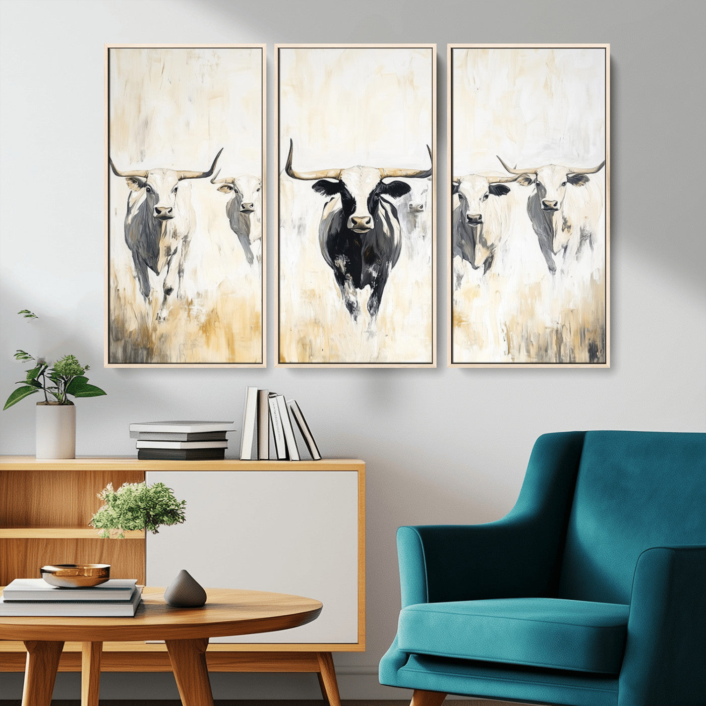 40397799-MGV-CV-36X24-Texas Longhorn Wall Art Canvas Print, Framed Rustic Herd Art Picture Print, Western Bull Perfect Neutral Western Decor Artwork
