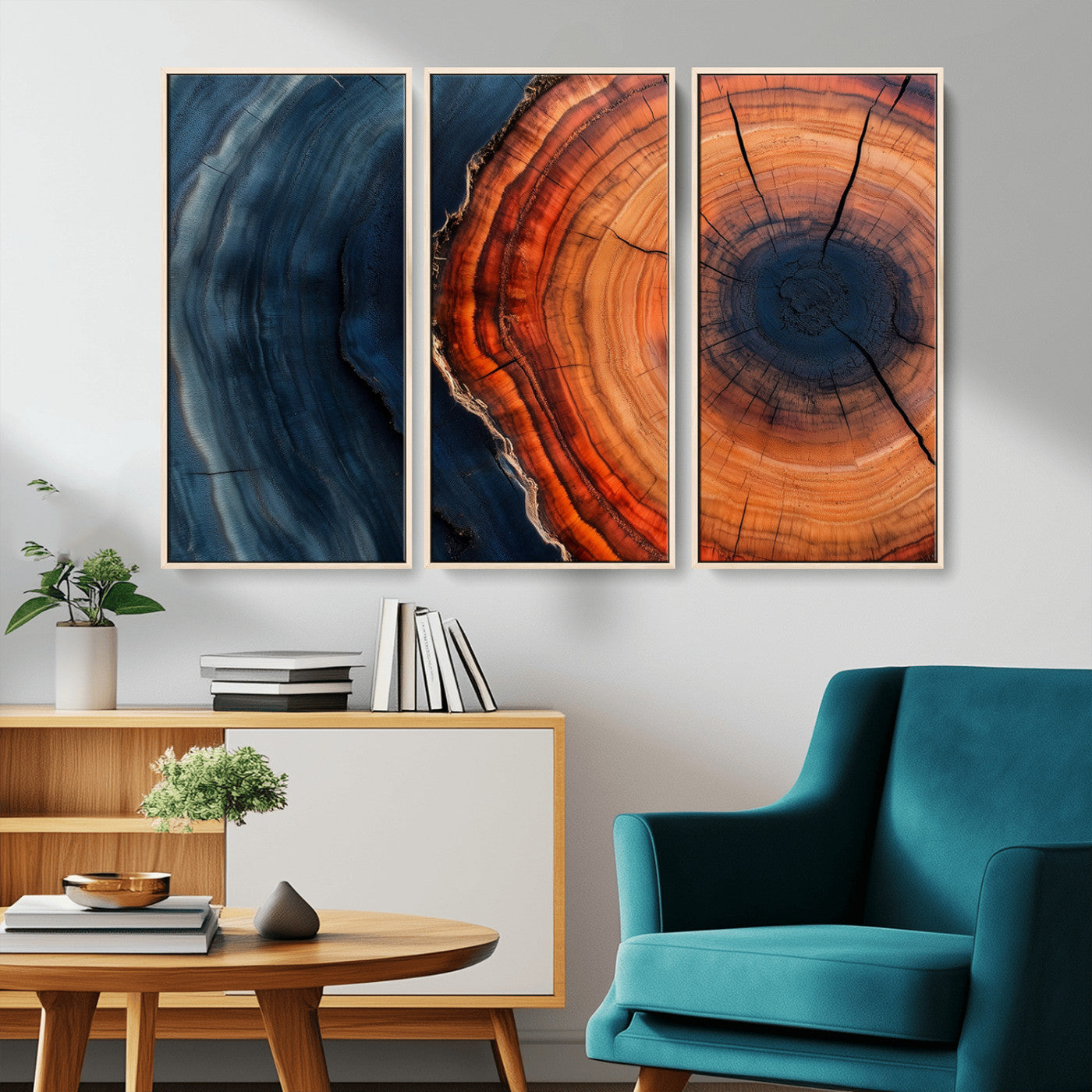 57732250-MGV-CV-36X24-Tree Ring Abstract Wall Art – Blue Orange Wood Grain Canvas Print, Modern Rustic Nature Artwork for Living Room, Office,