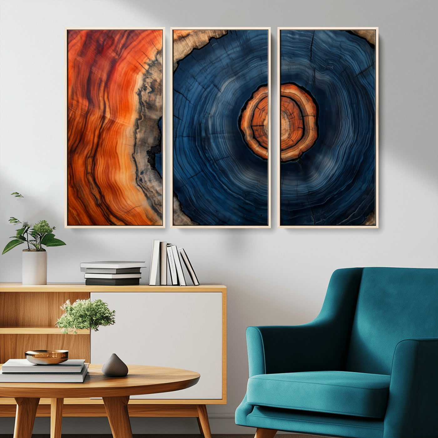 72209152-MGV-CV-36X24-Abstract Tree Ring Wall Art – Vibrant Blue Orange Wood Grain Canvas Print, Rustic Modern Nature Artwork for Living Room, Office,