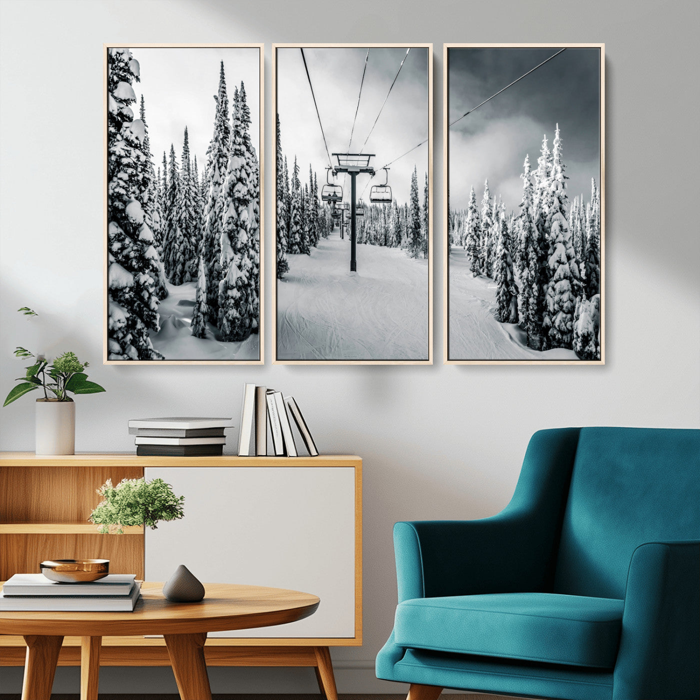 31156828-MGV-CV-36X24-Snowy Pines Wall Art Canvas Print, Framed Ski Lift Art Picture Print, Winter Forest Perfect Moody Lodge Decor Artwork