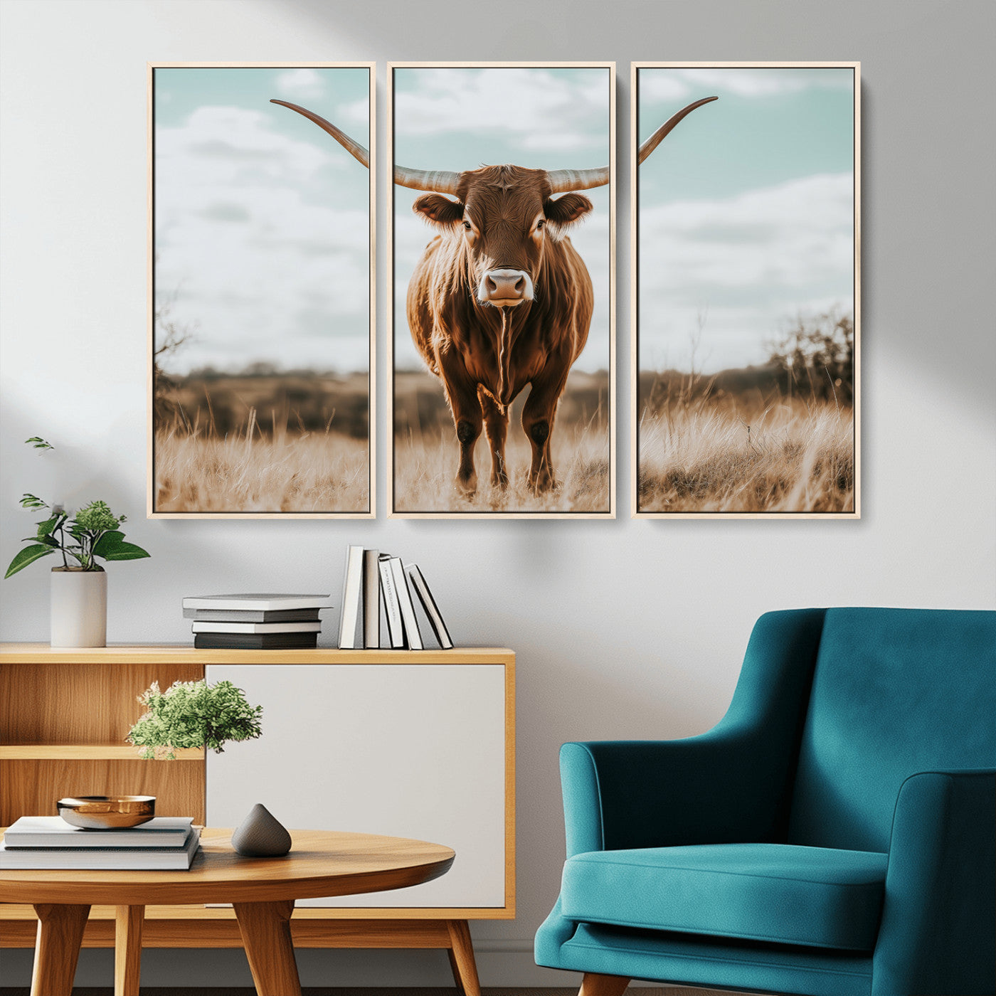 39350715-MGV-CV-36X24-Texas Longhorn Wall Art Canvas Print, Framed Longhorn Cow Art Picture Print, Western Cattle Perfect Rustic Western Decor Artwork
