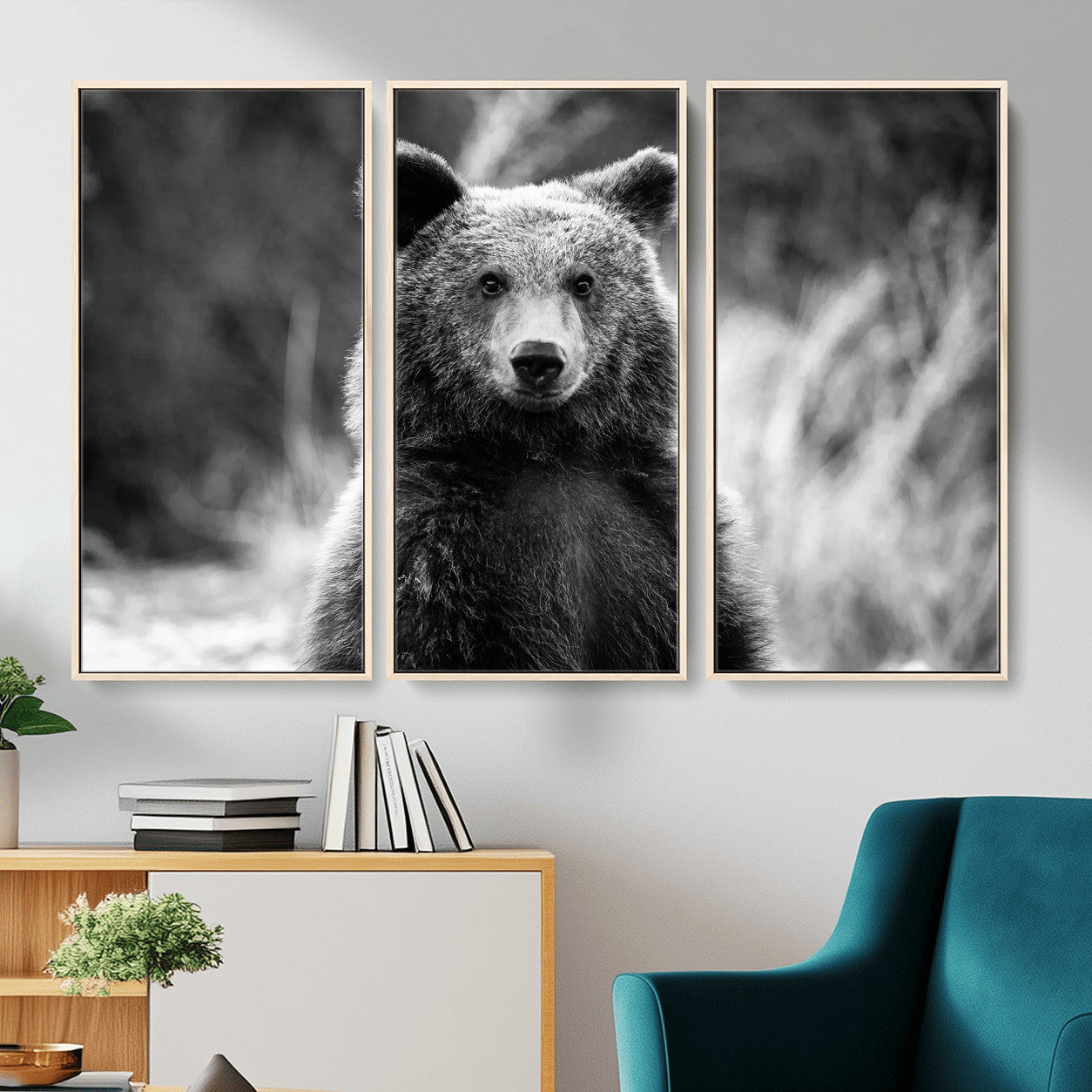 MGV-FC-48X32-3P - Grizzly Bear Wall Art Canvas Print, Framed Black White Bear Art Picture Print, Wild Bear Perfect Rustic Wildlife Decor Artwork