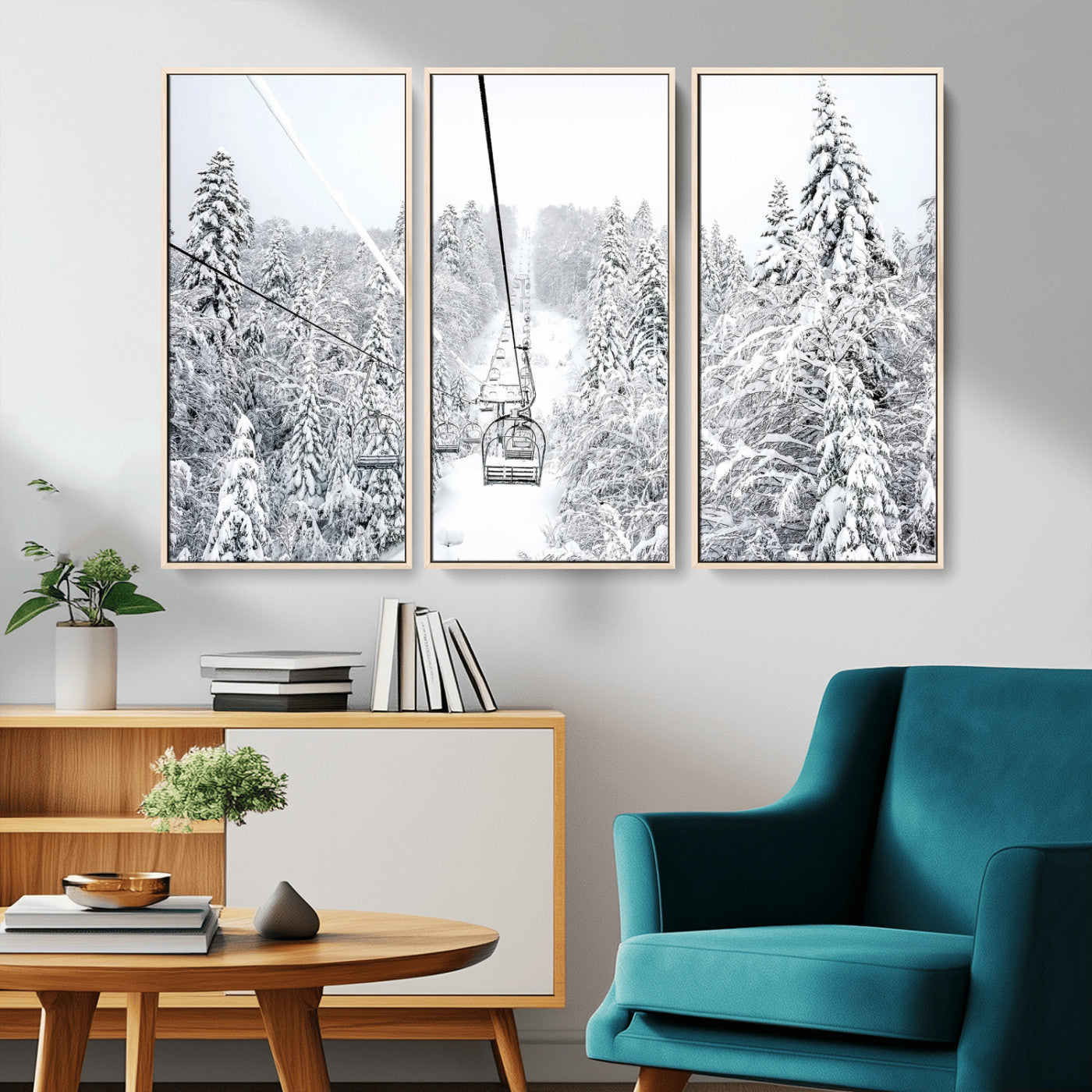 60296839-MGV-CV-36X24-Snowy Mountains Wall Art Canvas Print, Framed Ski Lift Art Picture Print, Winter Forest Perfect Winter Minimalist Decor Artwork
