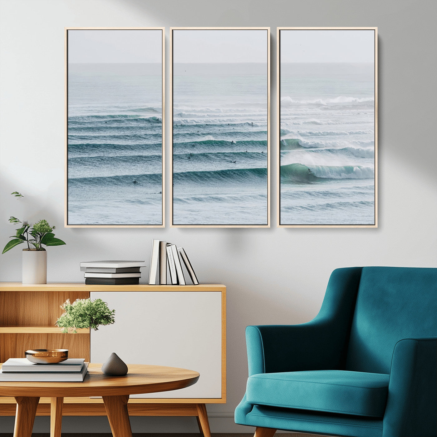 73969318-MGV-CV-36X24-Ocean Waves Wall Art Canvas Print, Framed Surfer Lineup Art Picture Print, Crowded Ocean Perfect Minimal Coastal Decor Artwork